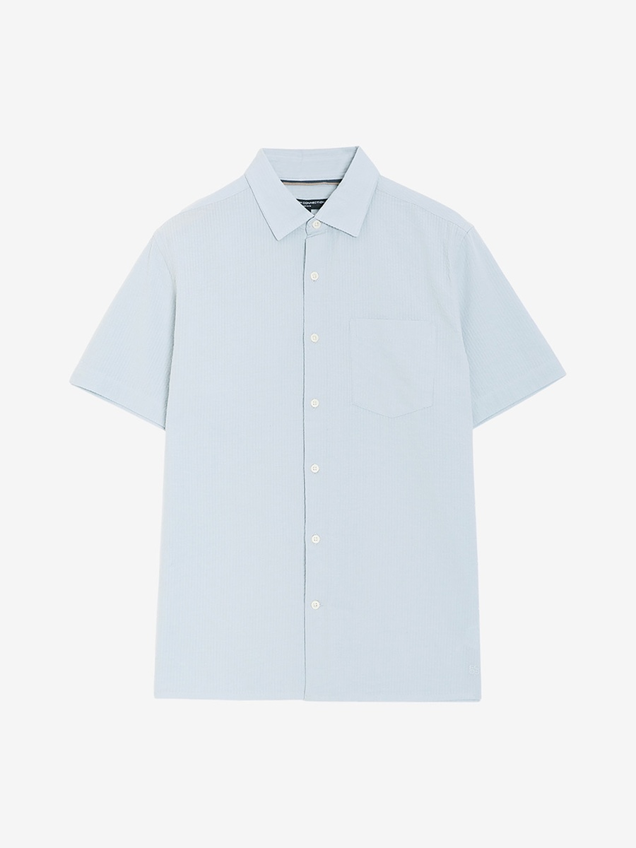 Men Dark Blue Short Sleeve Seersucker Shirt