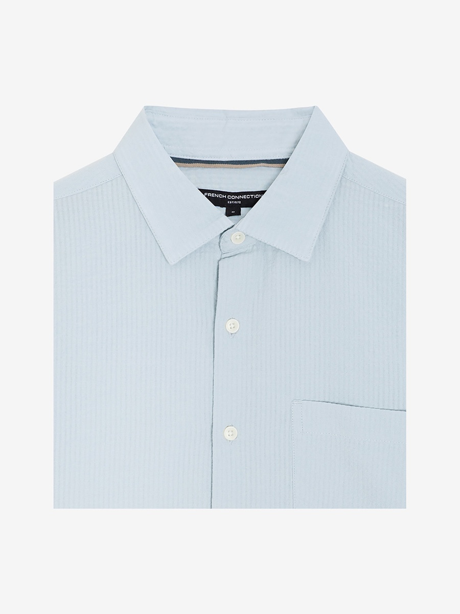 Men Dark Blue Short Sleeve Seersucker Shirt