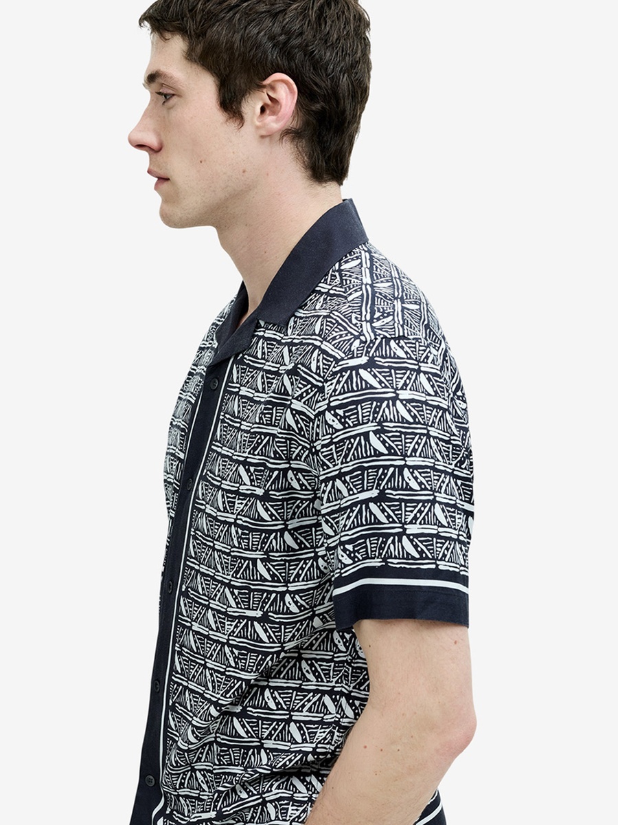 Men Short Sleeve Geometric Print Navy Holiday Shirt