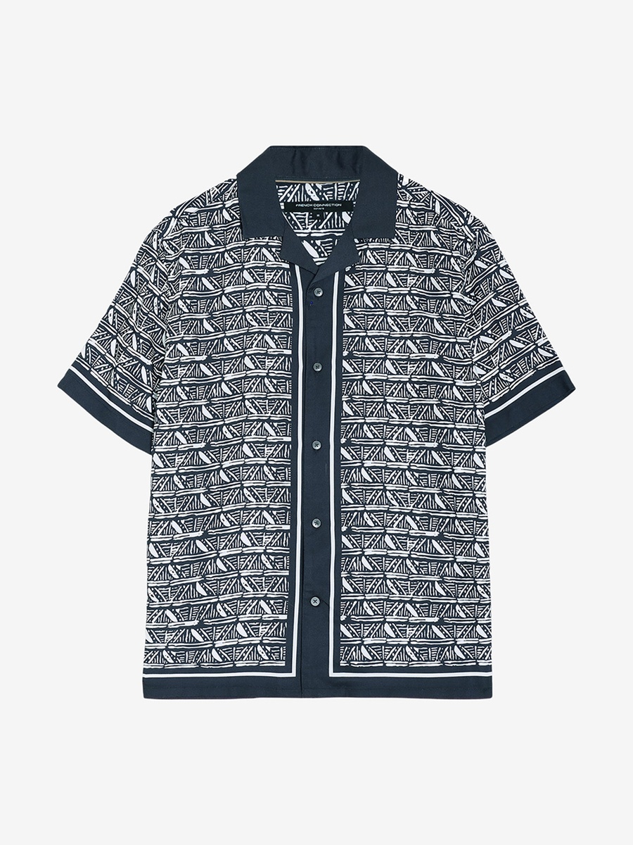 Men Short Sleeve Geometric Print Navy Holiday Shirt