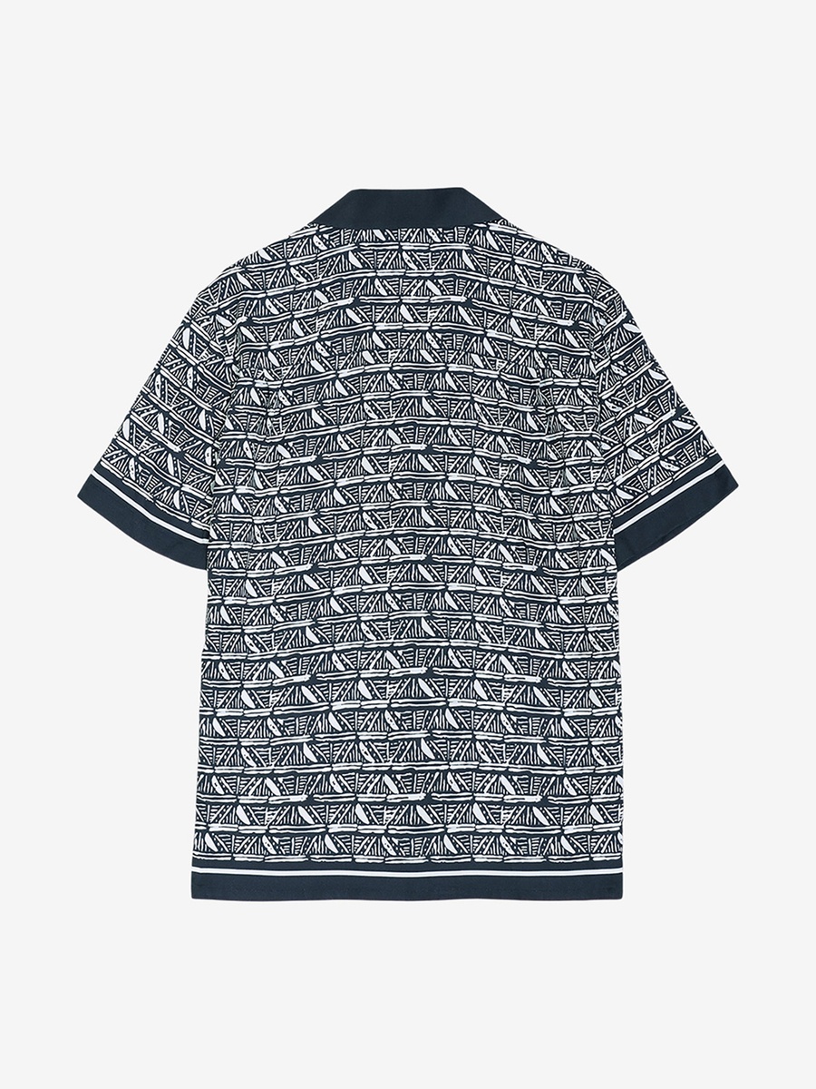 Men Short Sleeve Geometric Print Navy Holiday Shirt