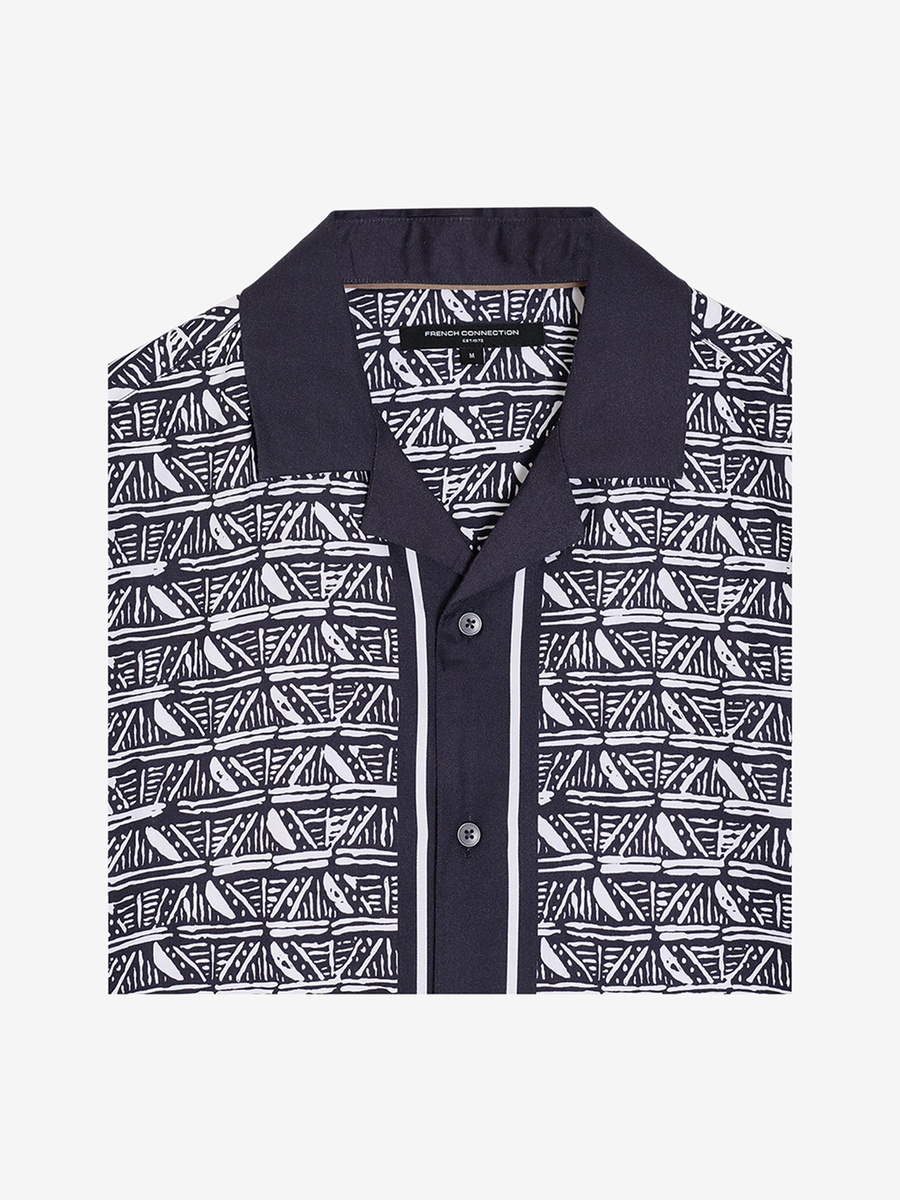 Men Short Sleeve Geometric Print Navy Holiday Shirt