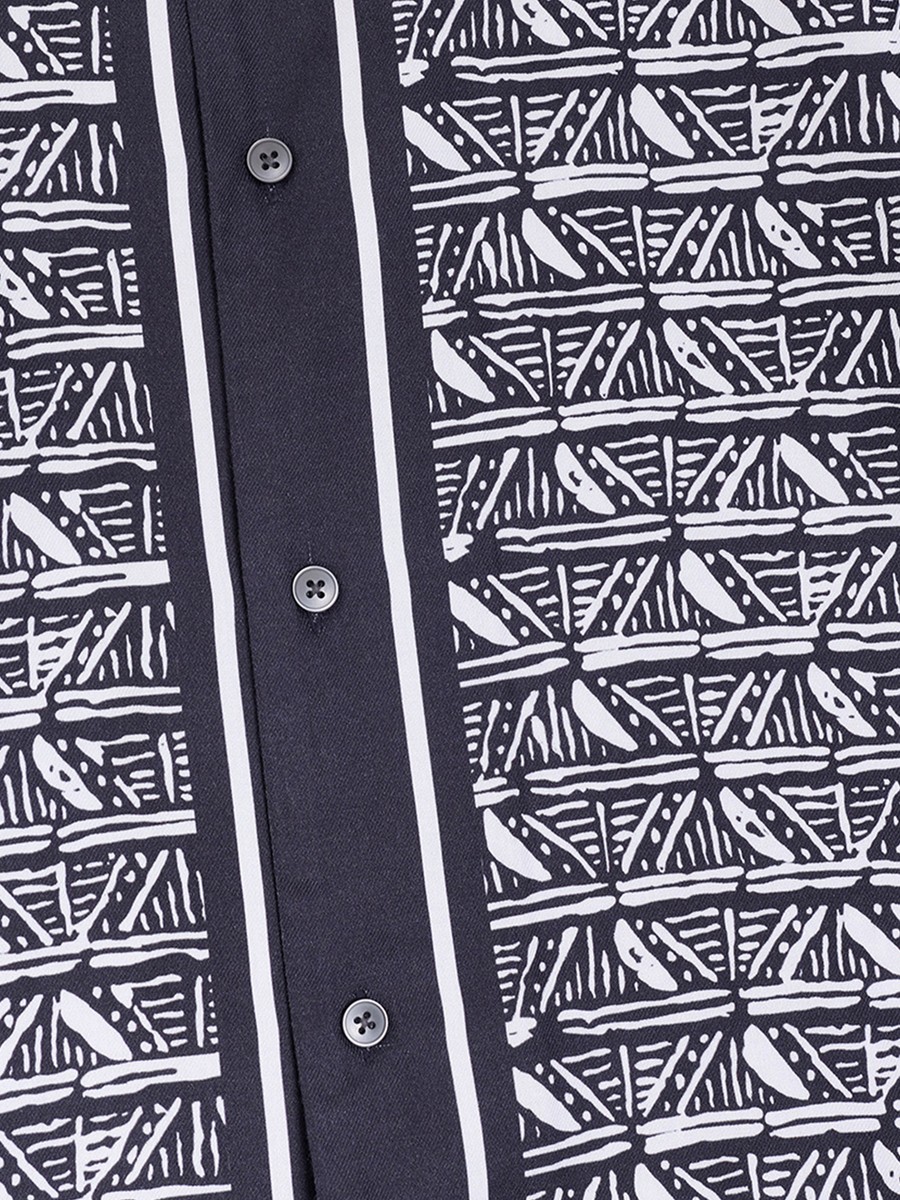 Men Short Sleeve Geometric Print Navy Holiday Shirt