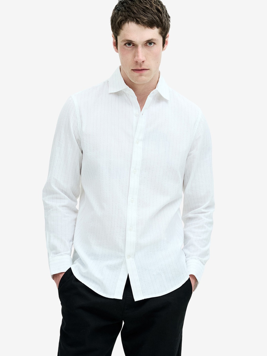 Men White Long Sleeve Seersucker Pinstripe Shirt