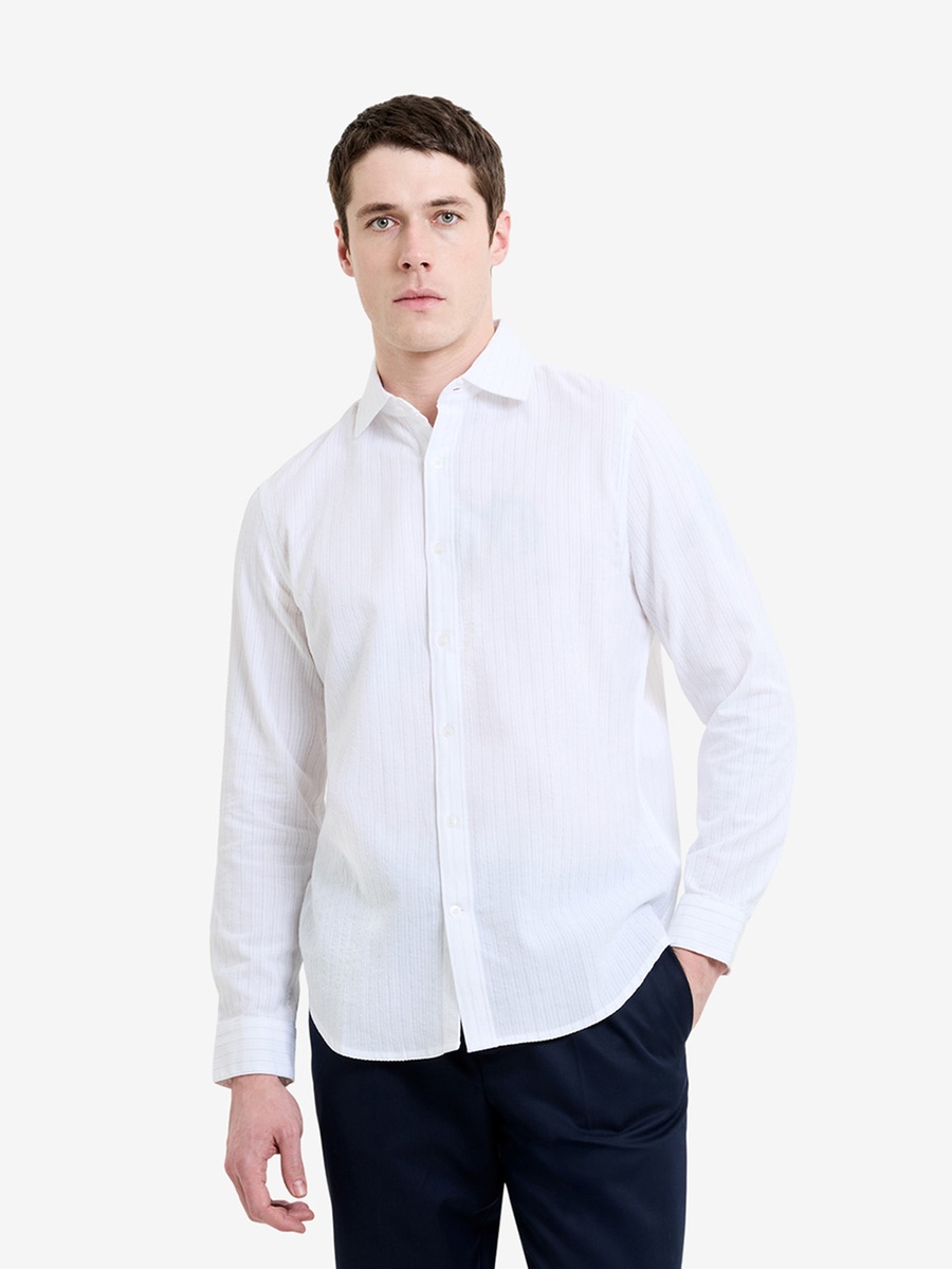Men White Long Sleeve Seersucker Pinstripe Shirt