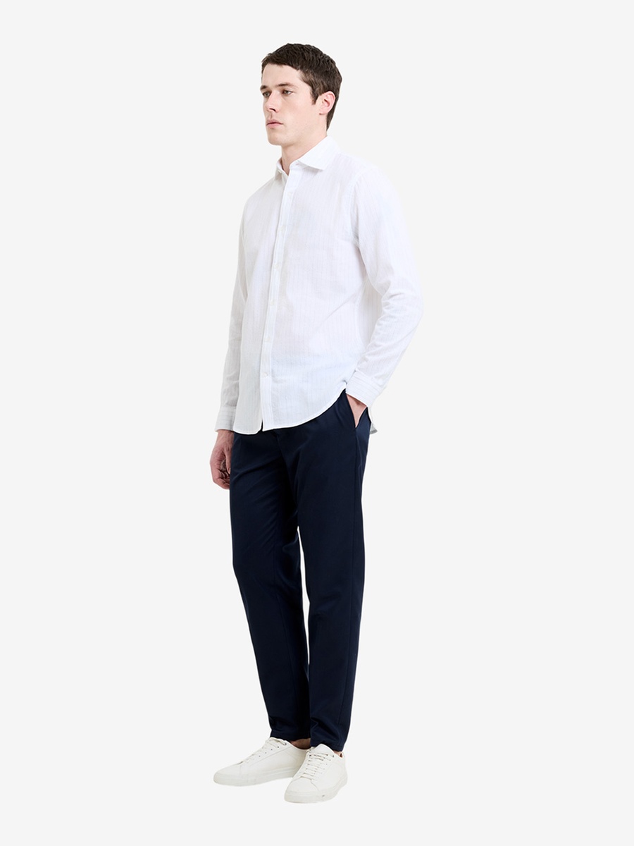 Men White Long Sleeve Seersucker Pinstripe Shirt