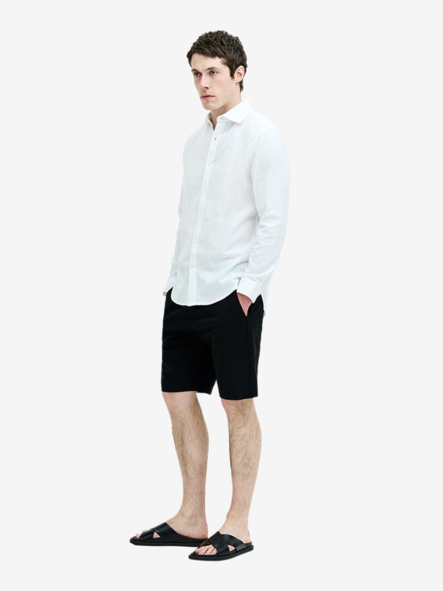 Men White Long Sleeve Seersucker Pinstripe Shirt