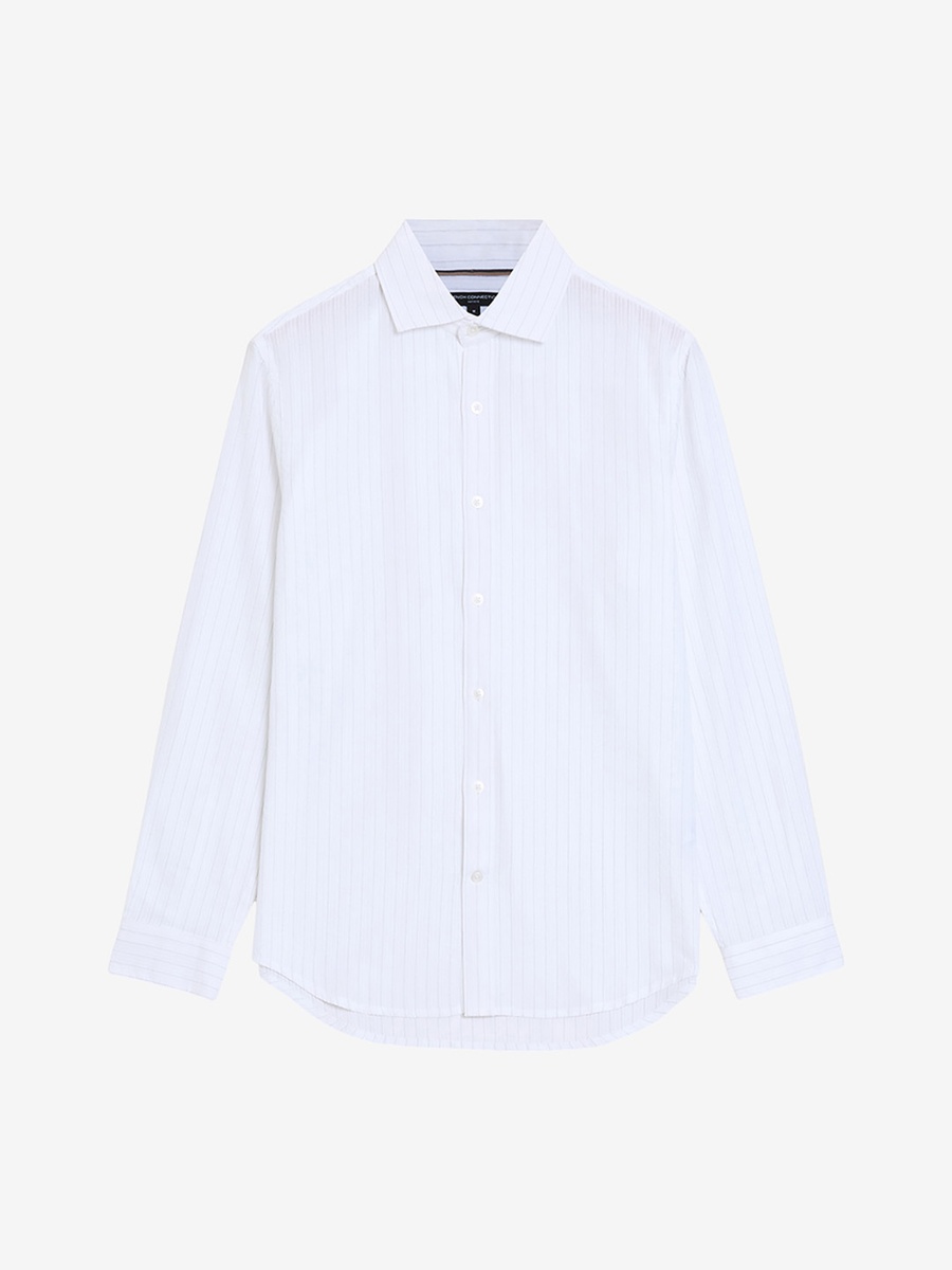 Men White Long Sleeve Seersucker Pinstripe Shirt