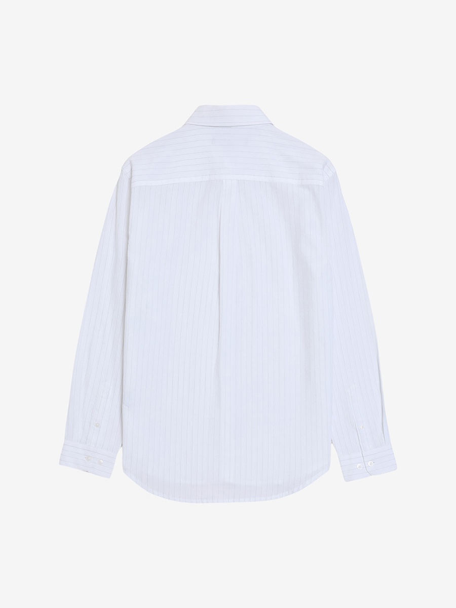 Men White Long Sleeve Seersucker Pinstripe Shirt