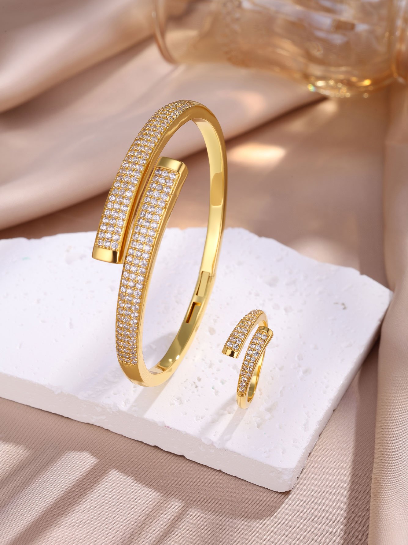 Gold Pave Wraparound Bracelet and Ring Set