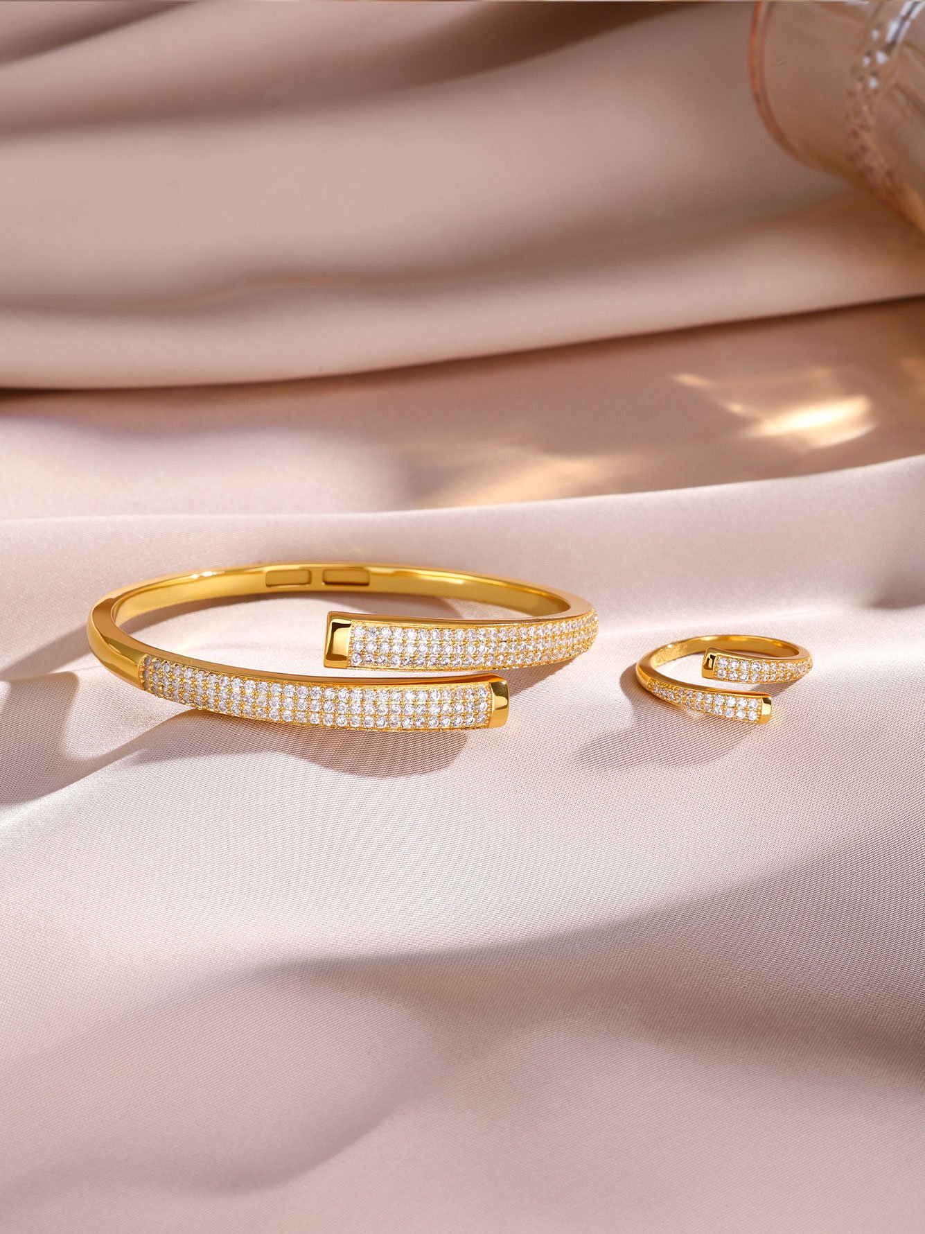 Gold Pave Wraparound Bracelet and Ring Set
