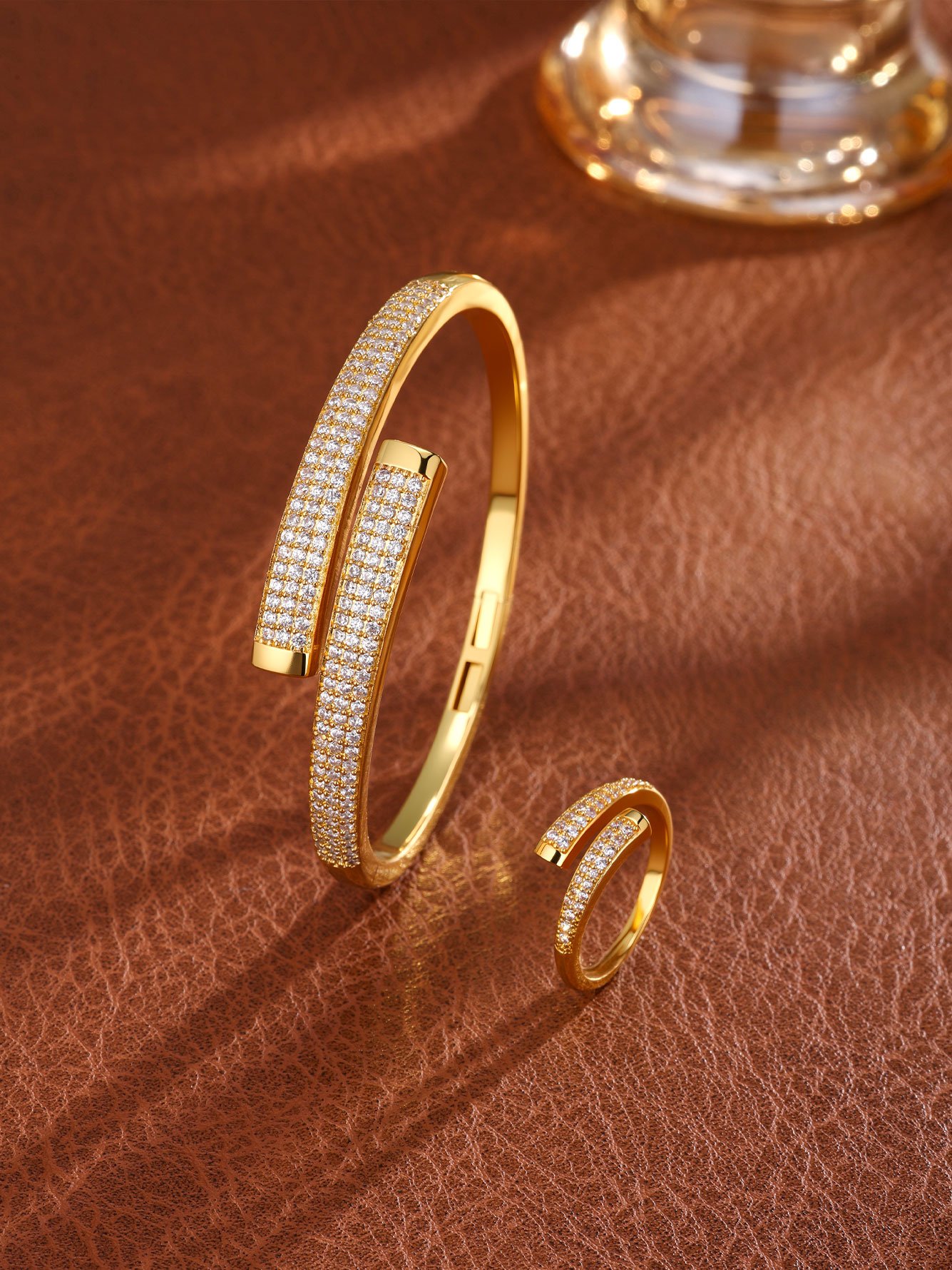 Gold Pave Wraparound Bracelet and Ring Set