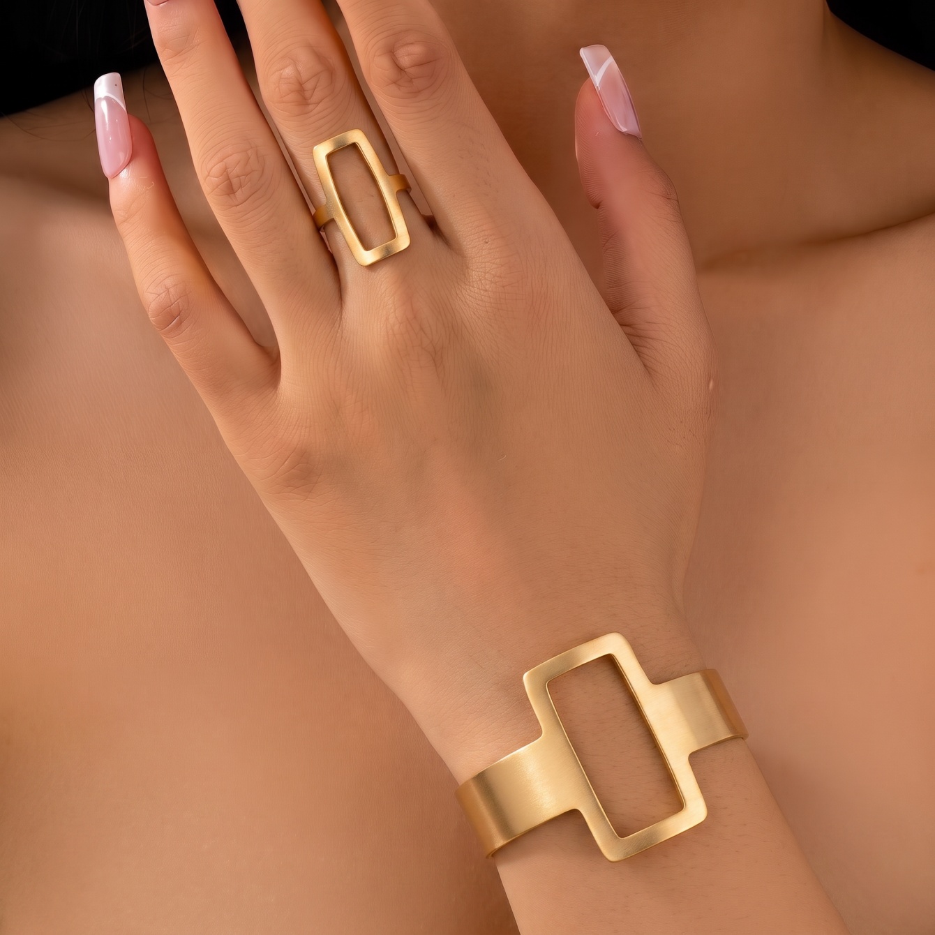 Gold Geometric Cuff Bracelet and Ring Set