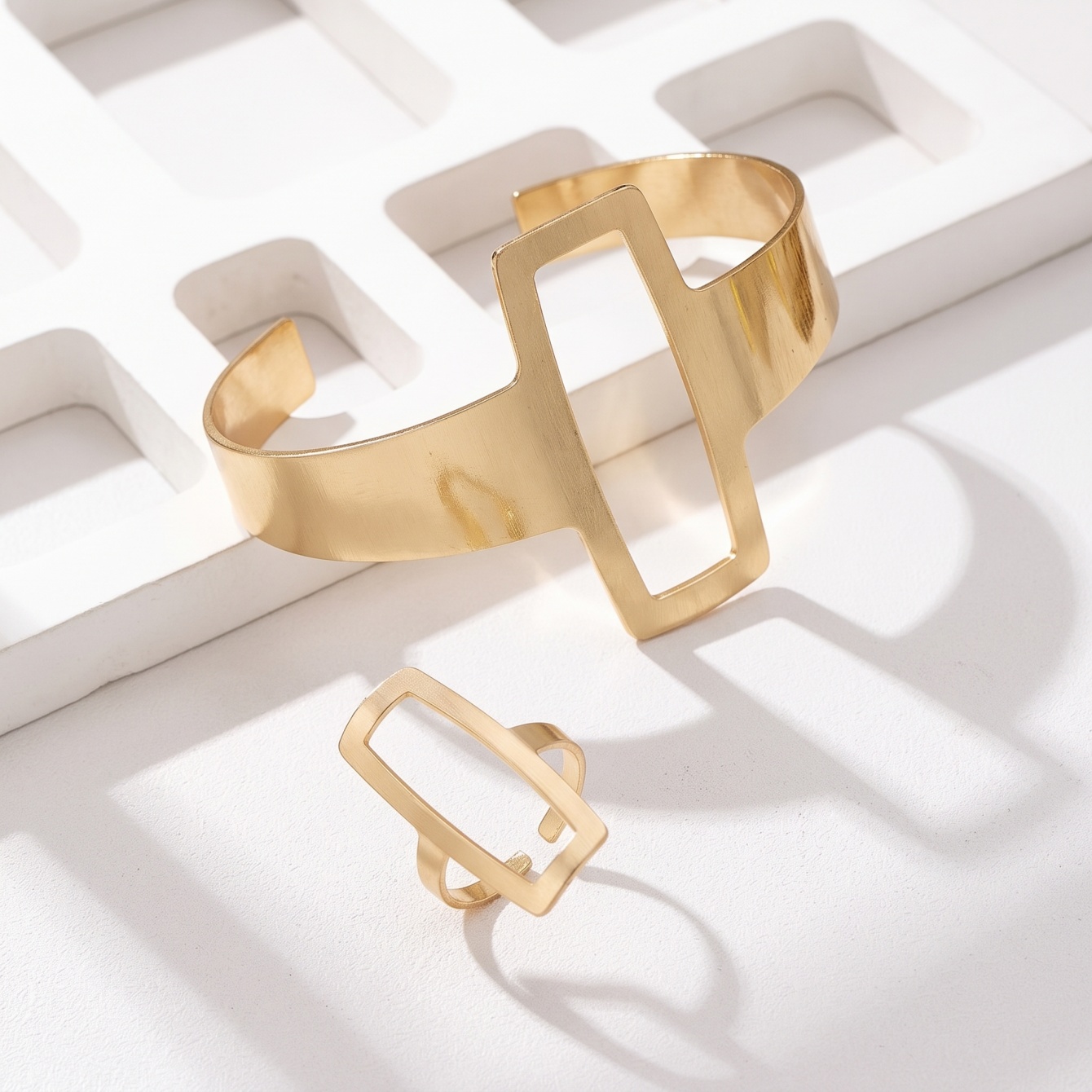 Gold Geometric Cuff Bracelet and Ring Set