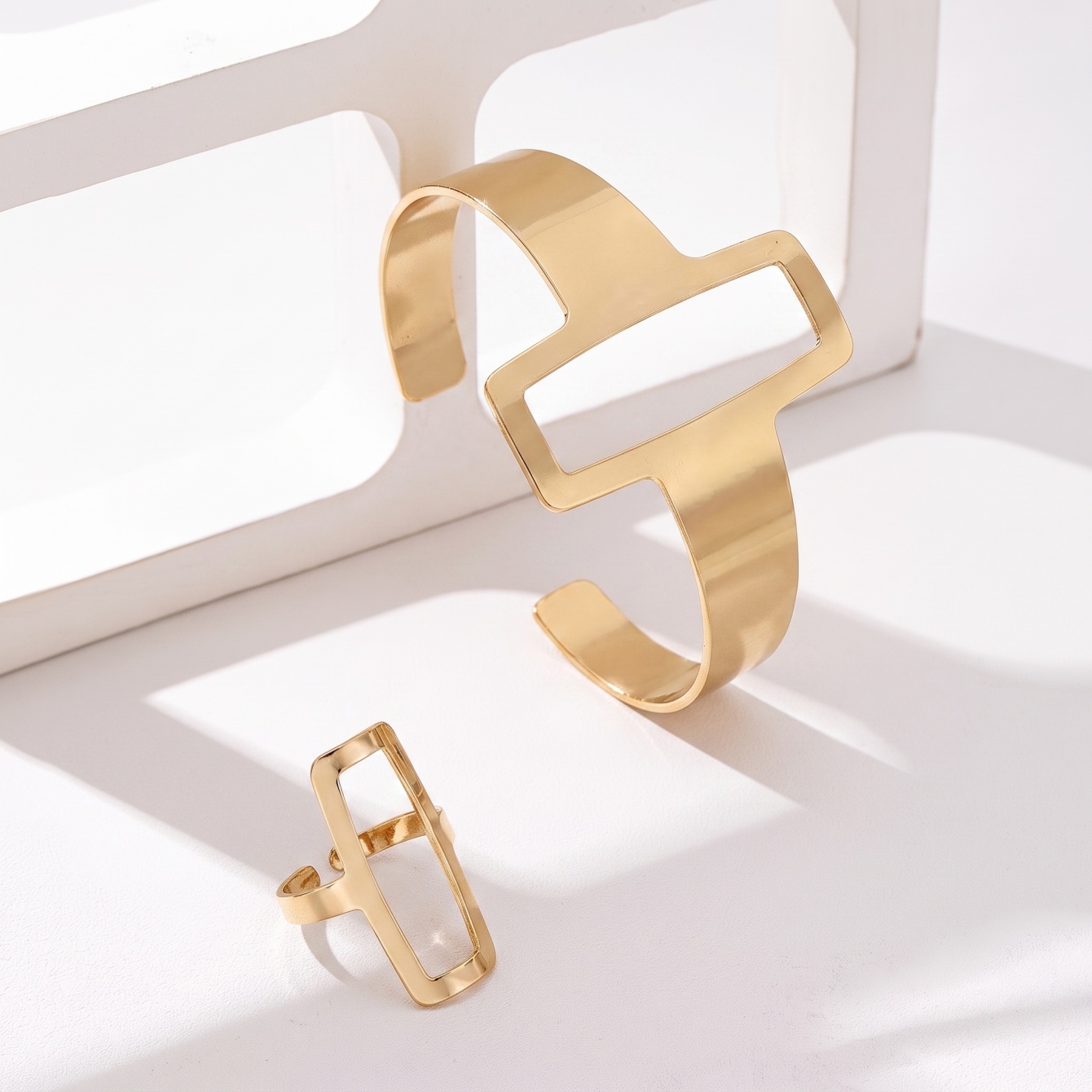 Gold Geometric Cuff Bracelet and Ring Set