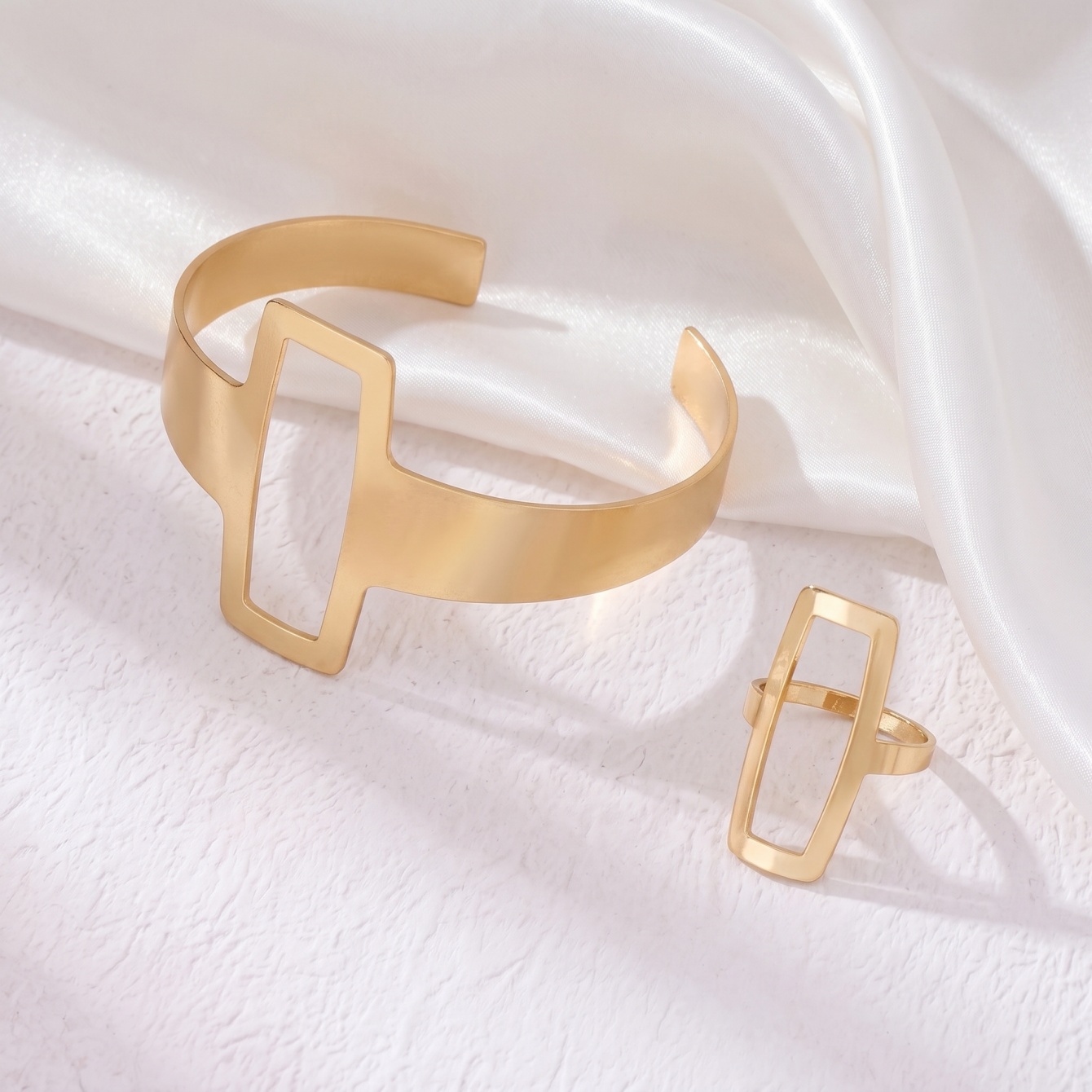 Gold Geometric Cuff Bracelet and Ring Set