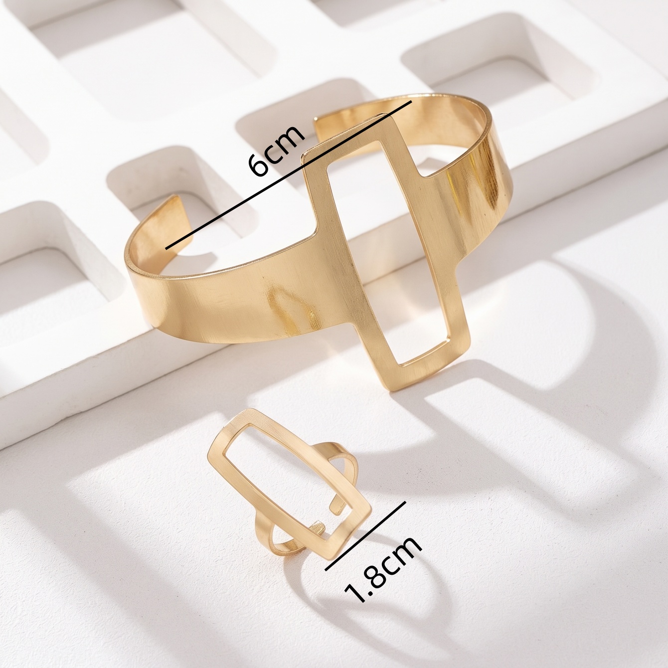 Gold Geometric Cuff Bracelet and Ring Set