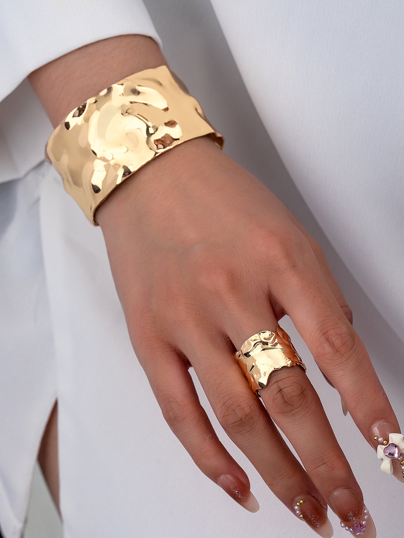 Gold Hammered Cuff Bracelet and Ring Set