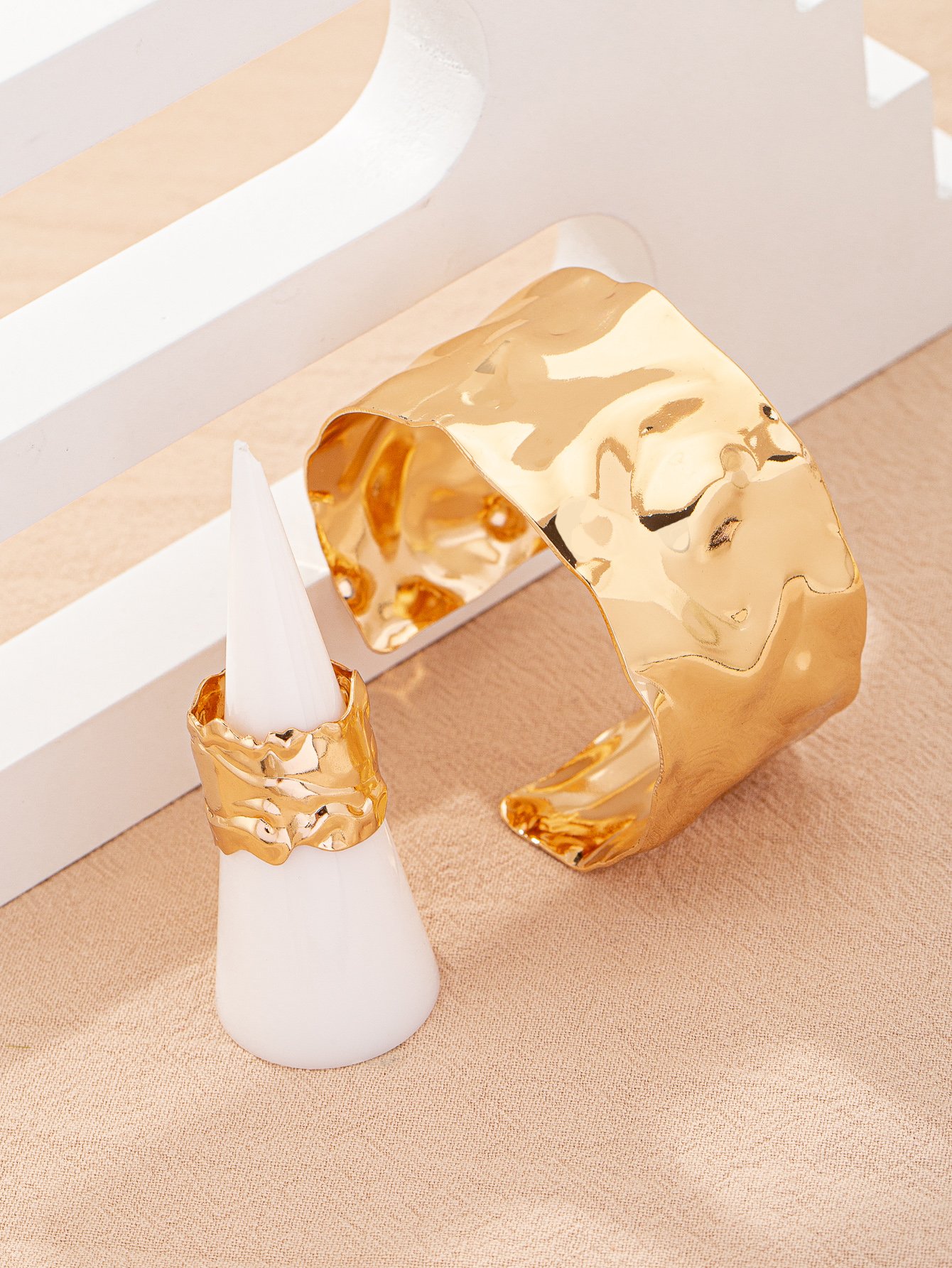 Gold Hammered Cuff Bracelet and Ring Set
