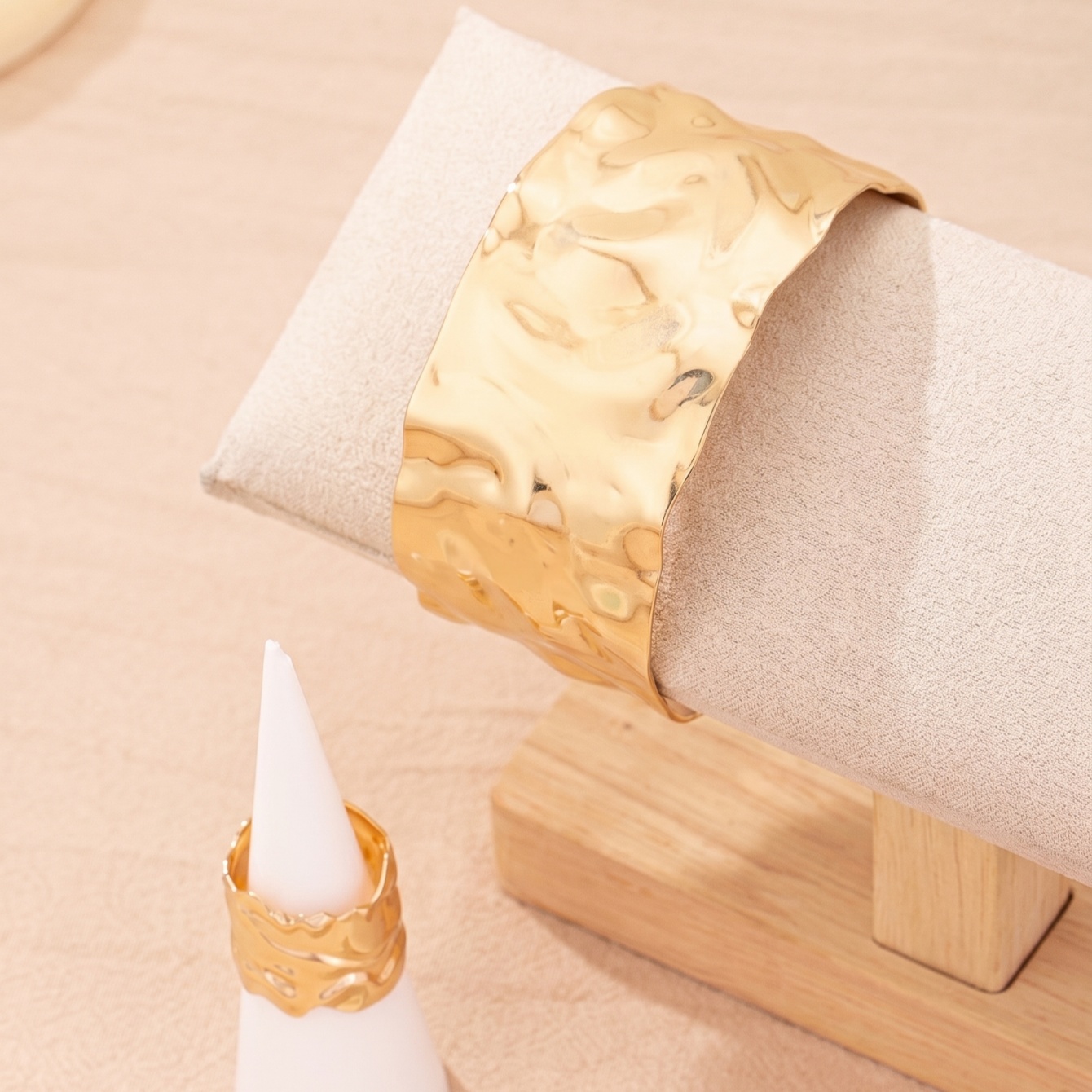 Gold Hammered Cuff Bracelet and Ring Set
