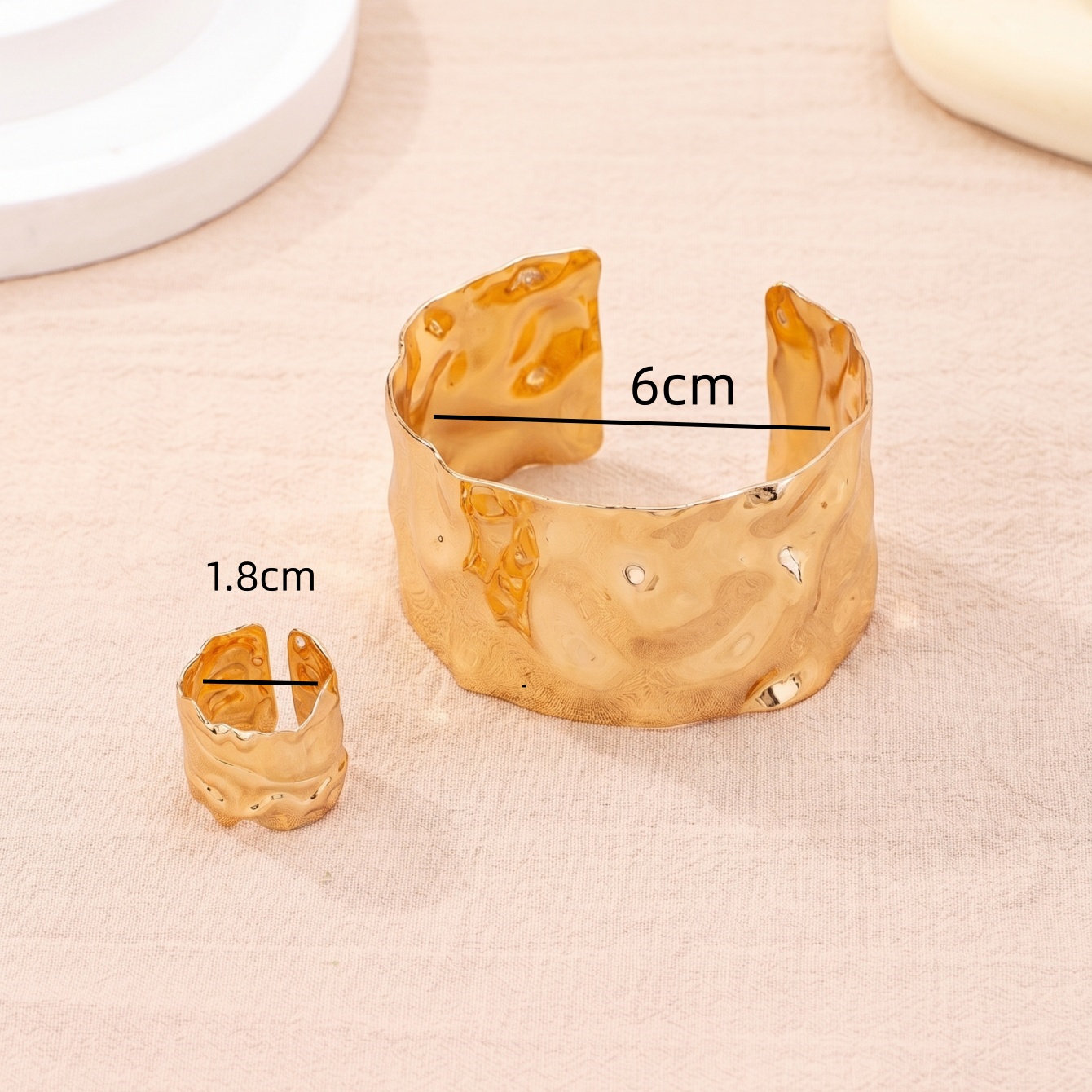 Gold Hammered Cuff Bracelet and Ring Set