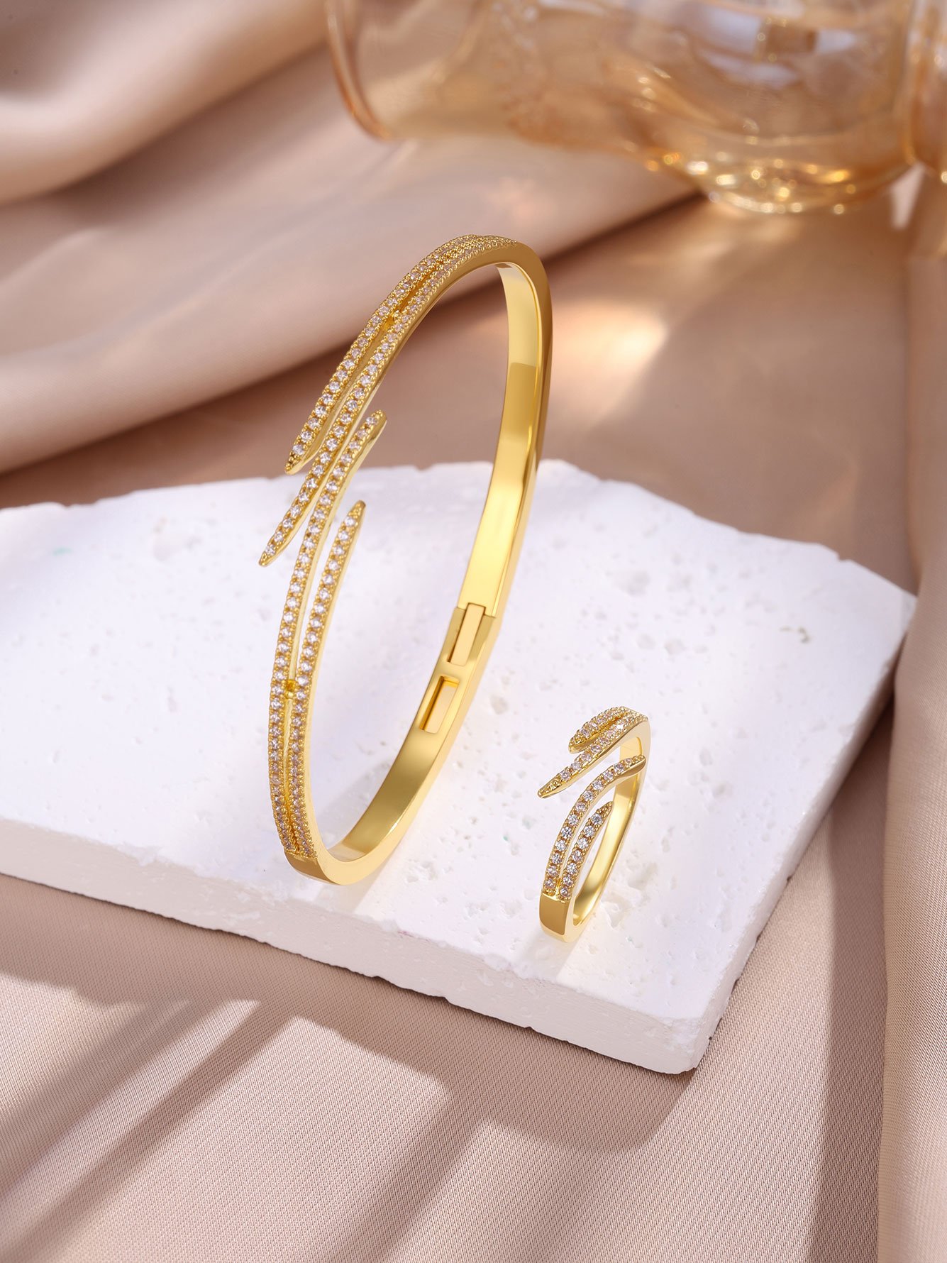 Gold Plated Zircon Bangle and Ring Set - 2-Piece