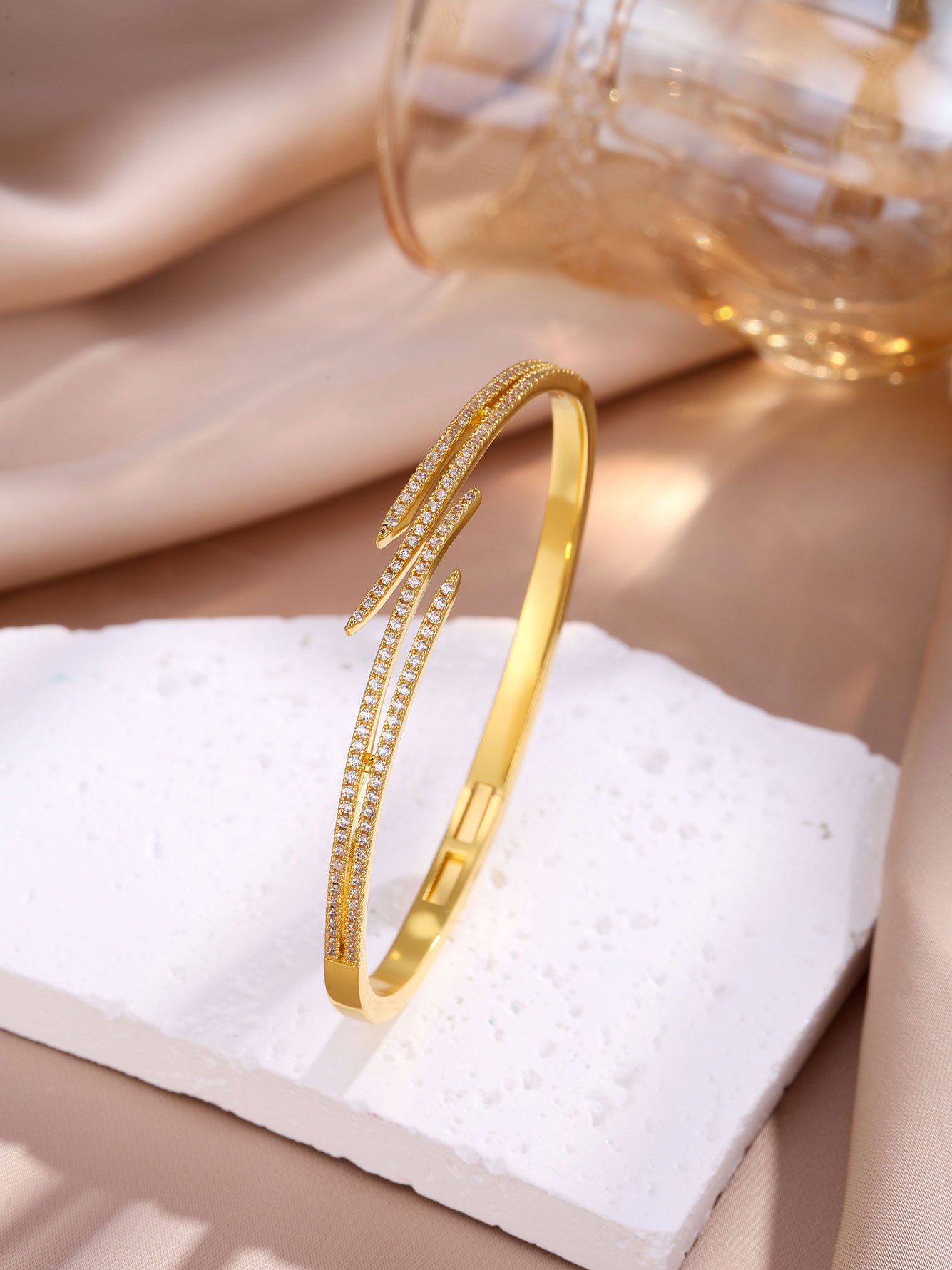 Gold Plated Zircon Bangle and Ring Set - 2-Piece