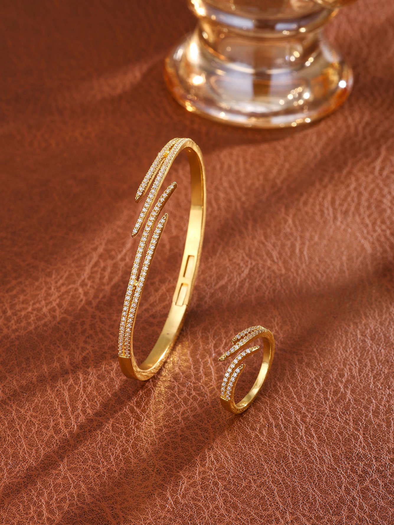 Gold Plated Zircon Bangle and Ring Set - 2-Piece