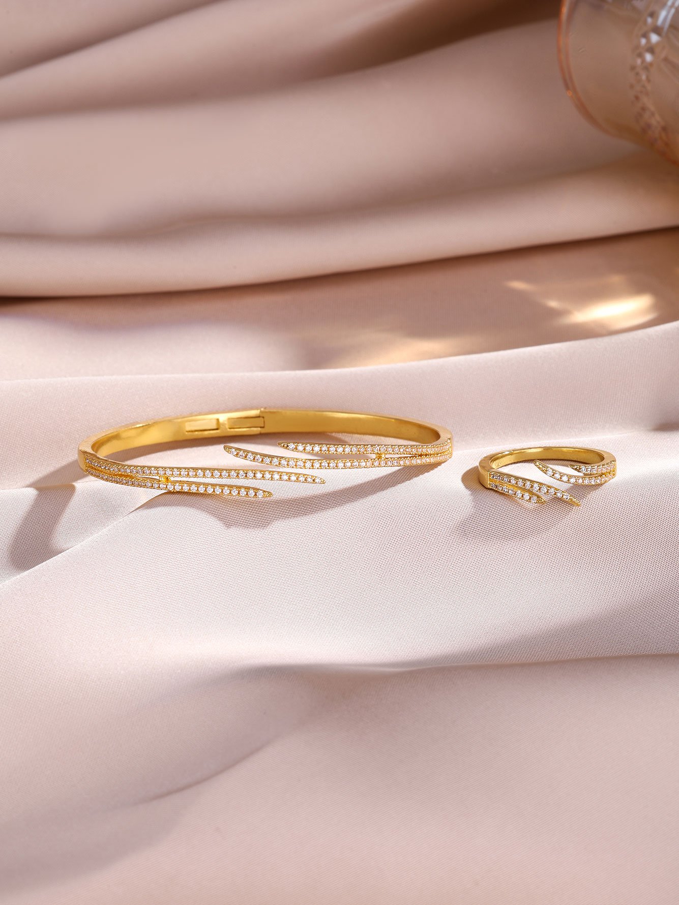 Gold Plated Zircon Bangle and Ring Set - 2-Piece