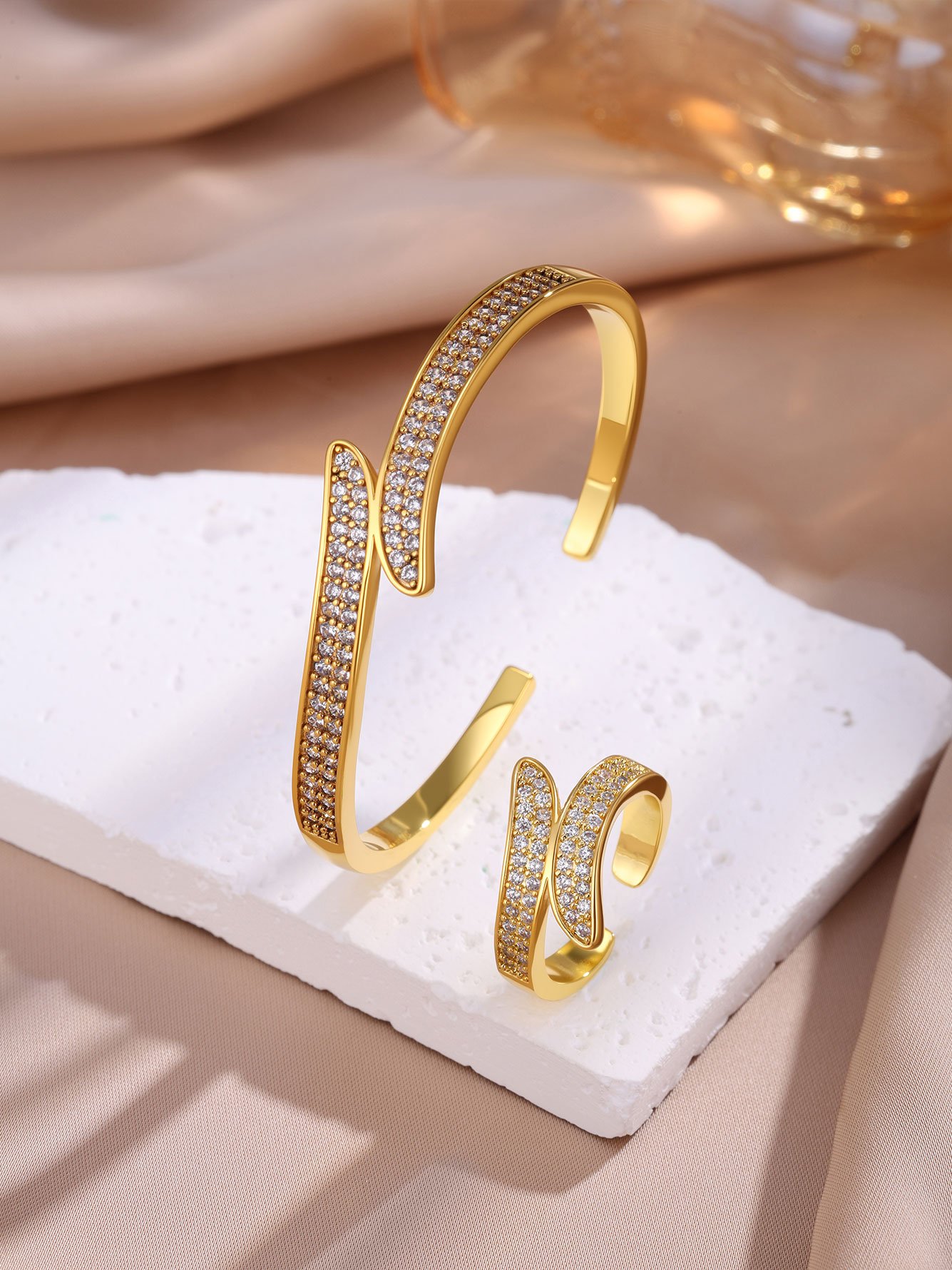 Gold Plated Cuff Bracelet and Ring Set