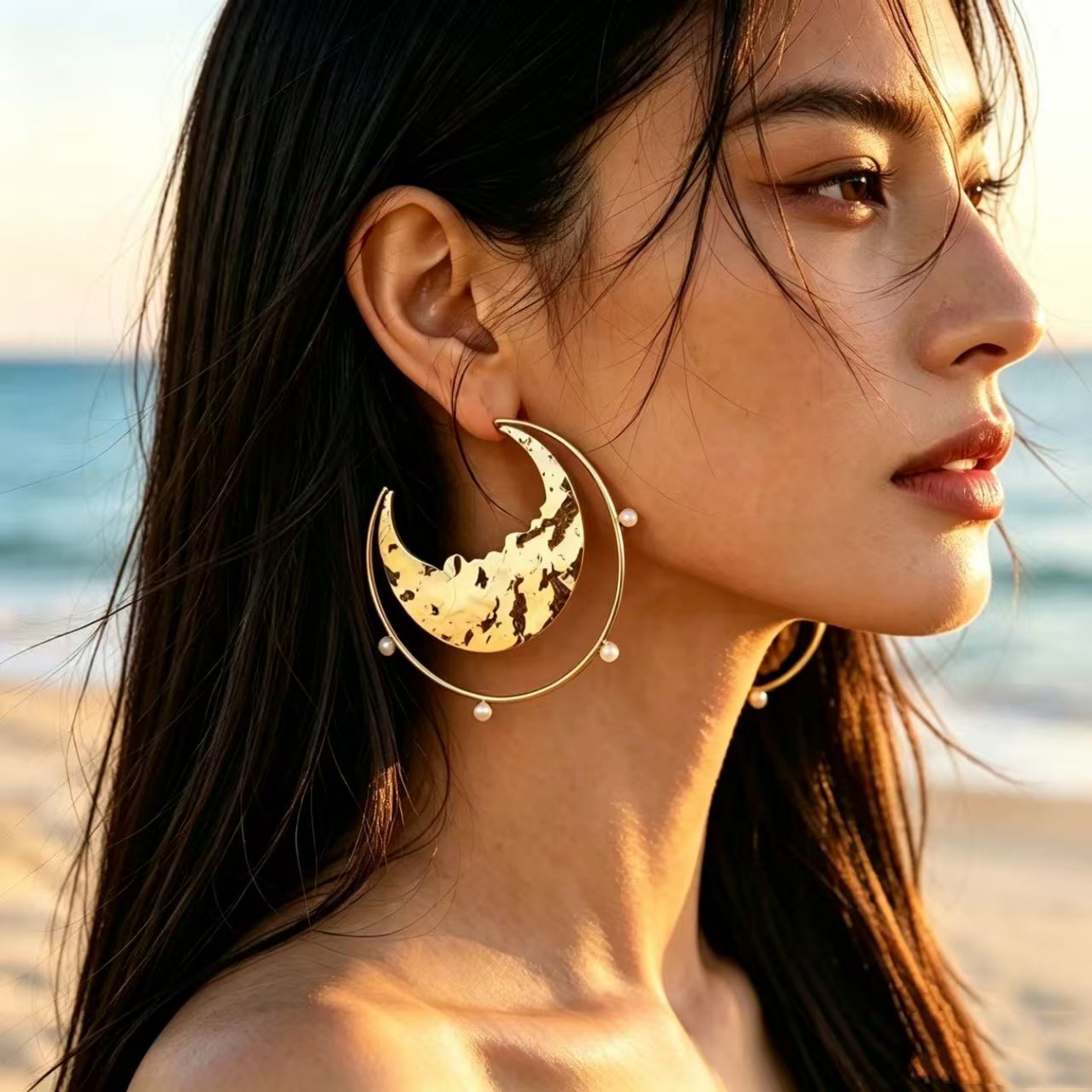Gold Crescent Moon Drop Earrings with Pearls