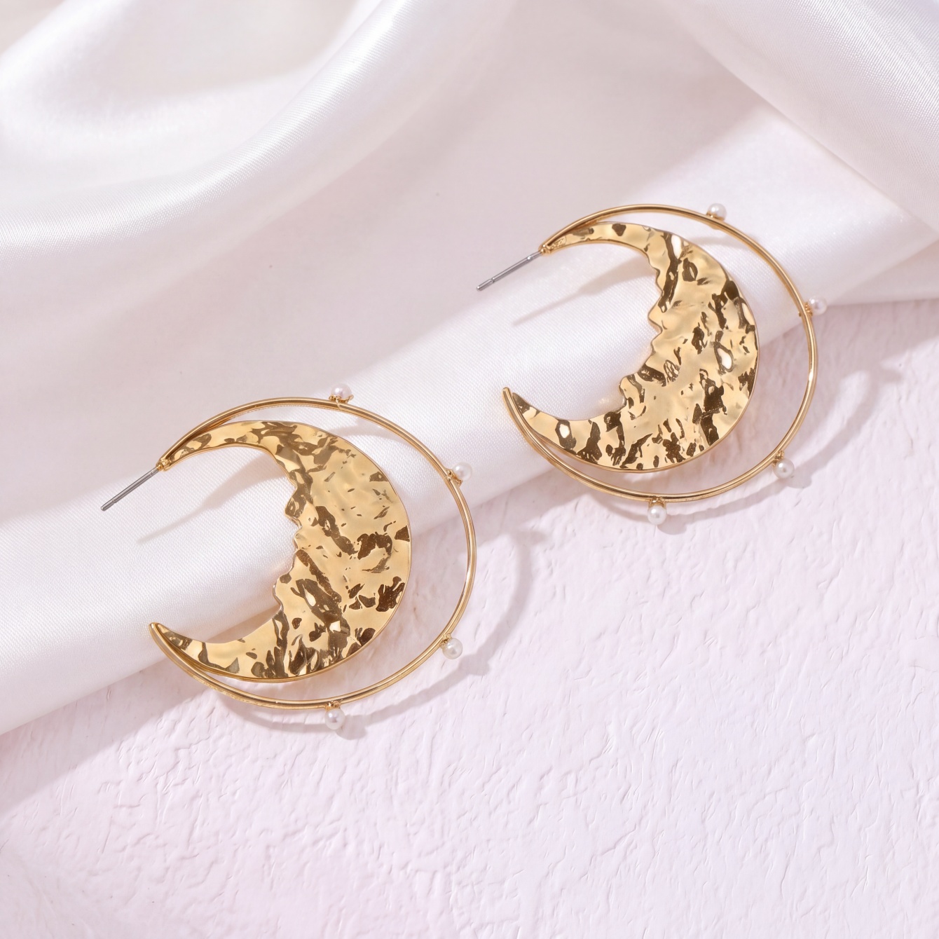 Gold Crescent Moon Drop Earrings with Pearls