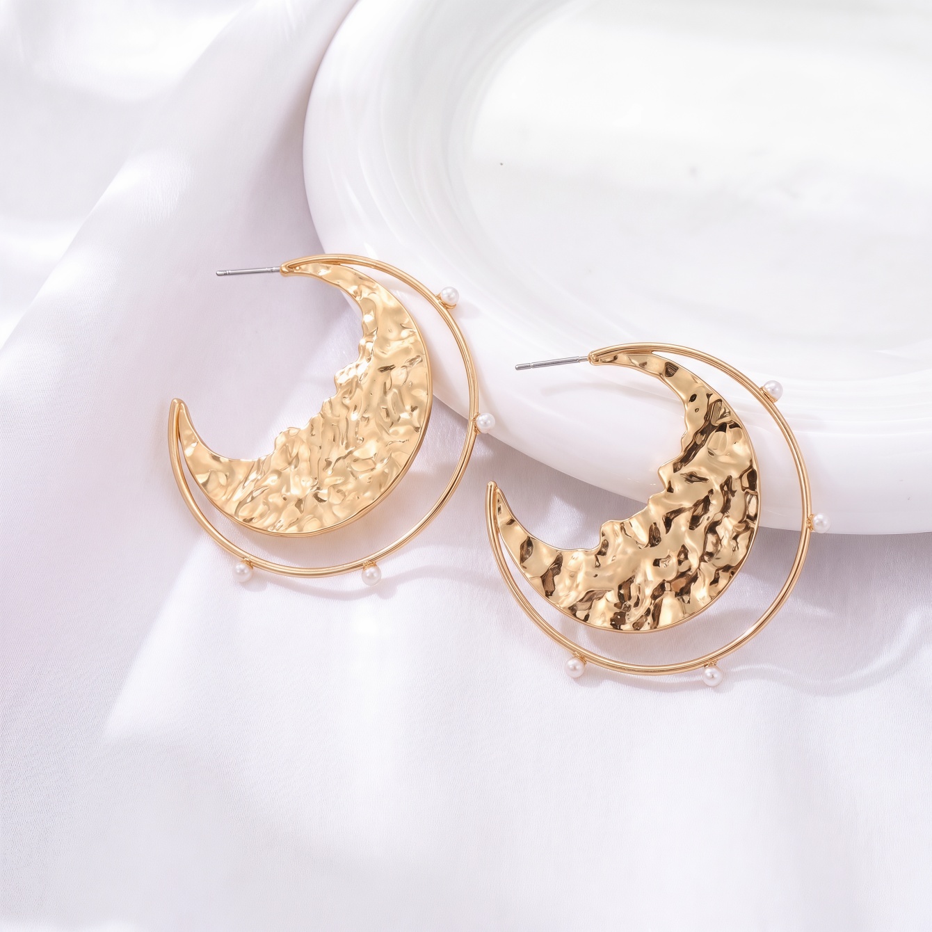 Gold Crescent Moon Drop Earrings with Pearls