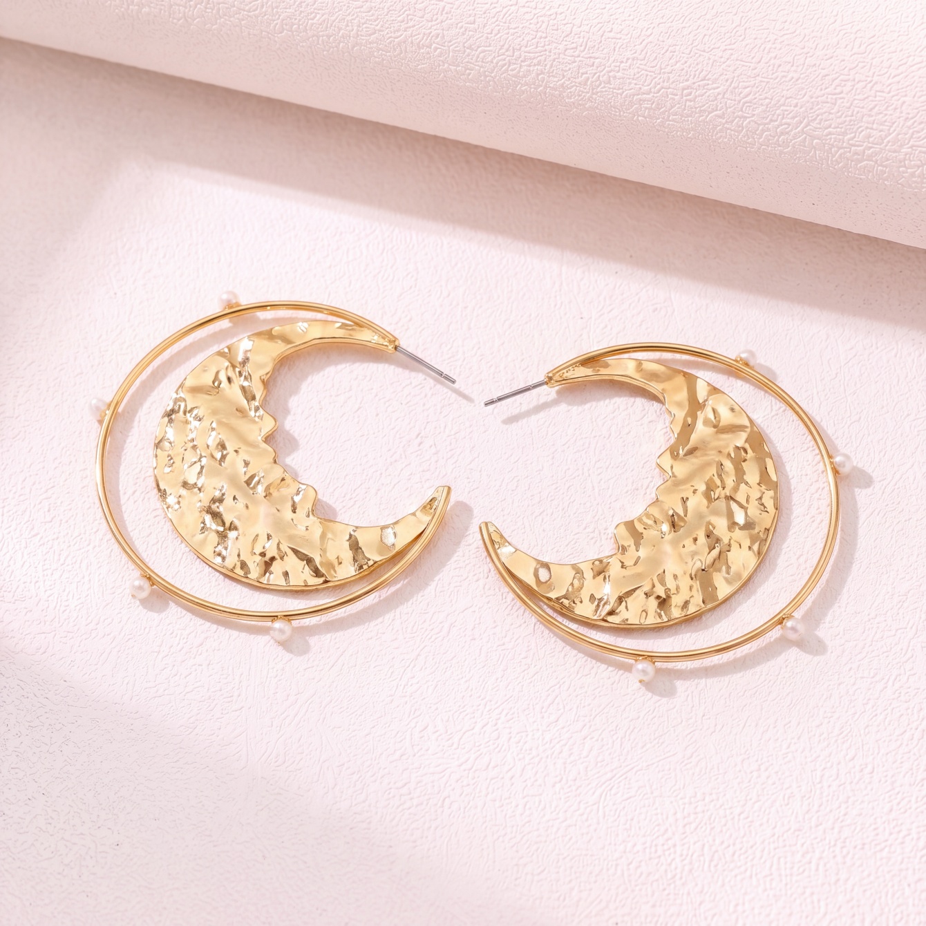 Gold Crescent Moon Drop Earrings with Pearls