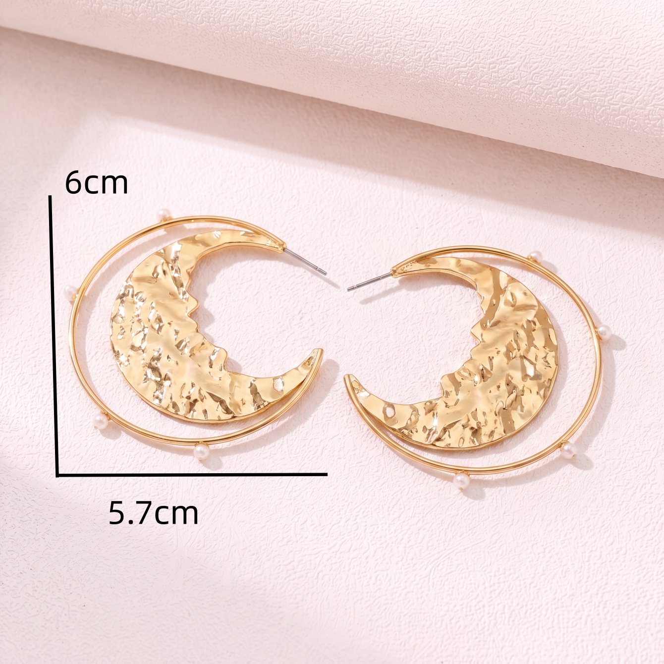 Gold Crescent Moon Drop Earrings with Pearls