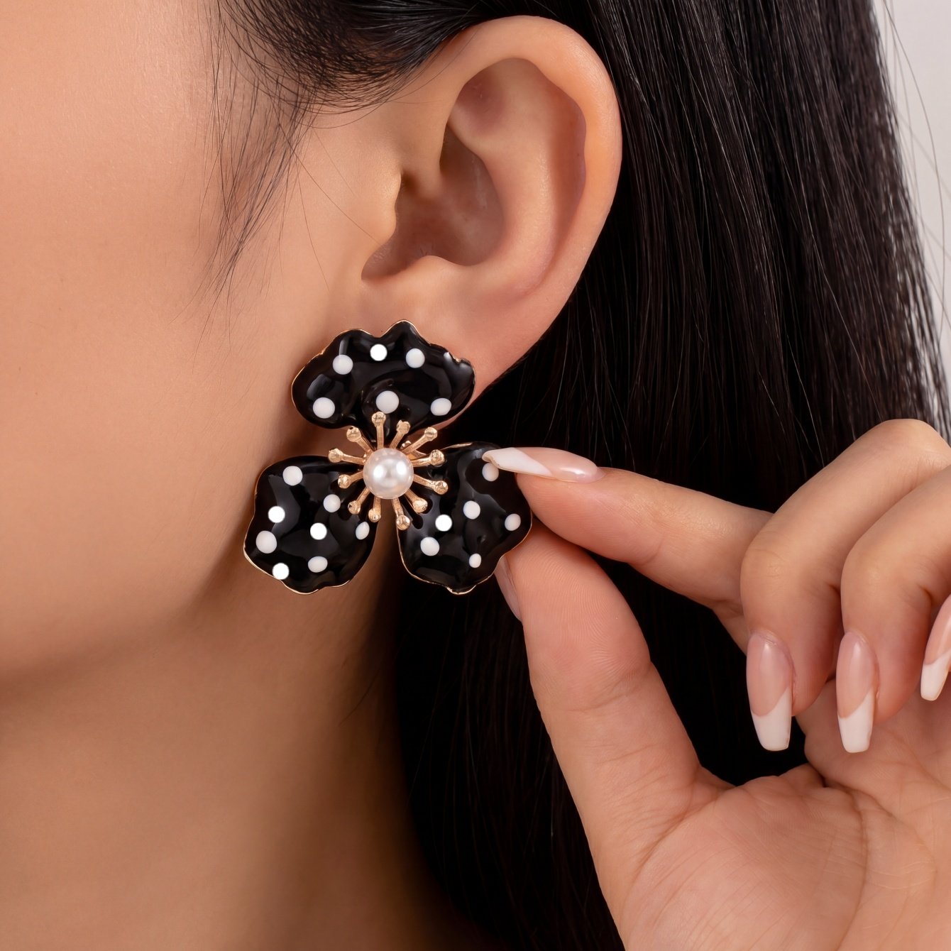 Polka Dot Flower Stud Earrings with Pearl Detail