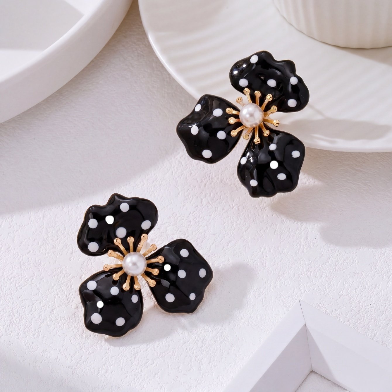 Polka Dot Flower Stud Earrings with Pearl Detail