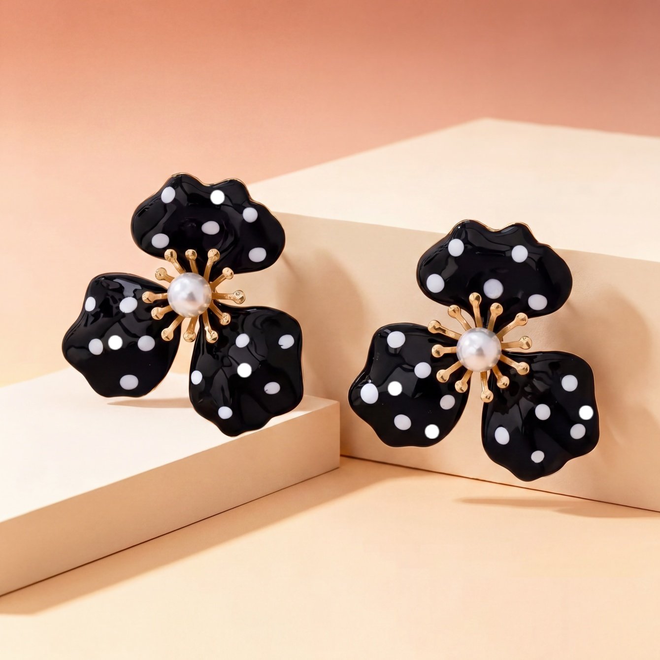 Polka Dot Flower Stud Earrings with Pearl Detail