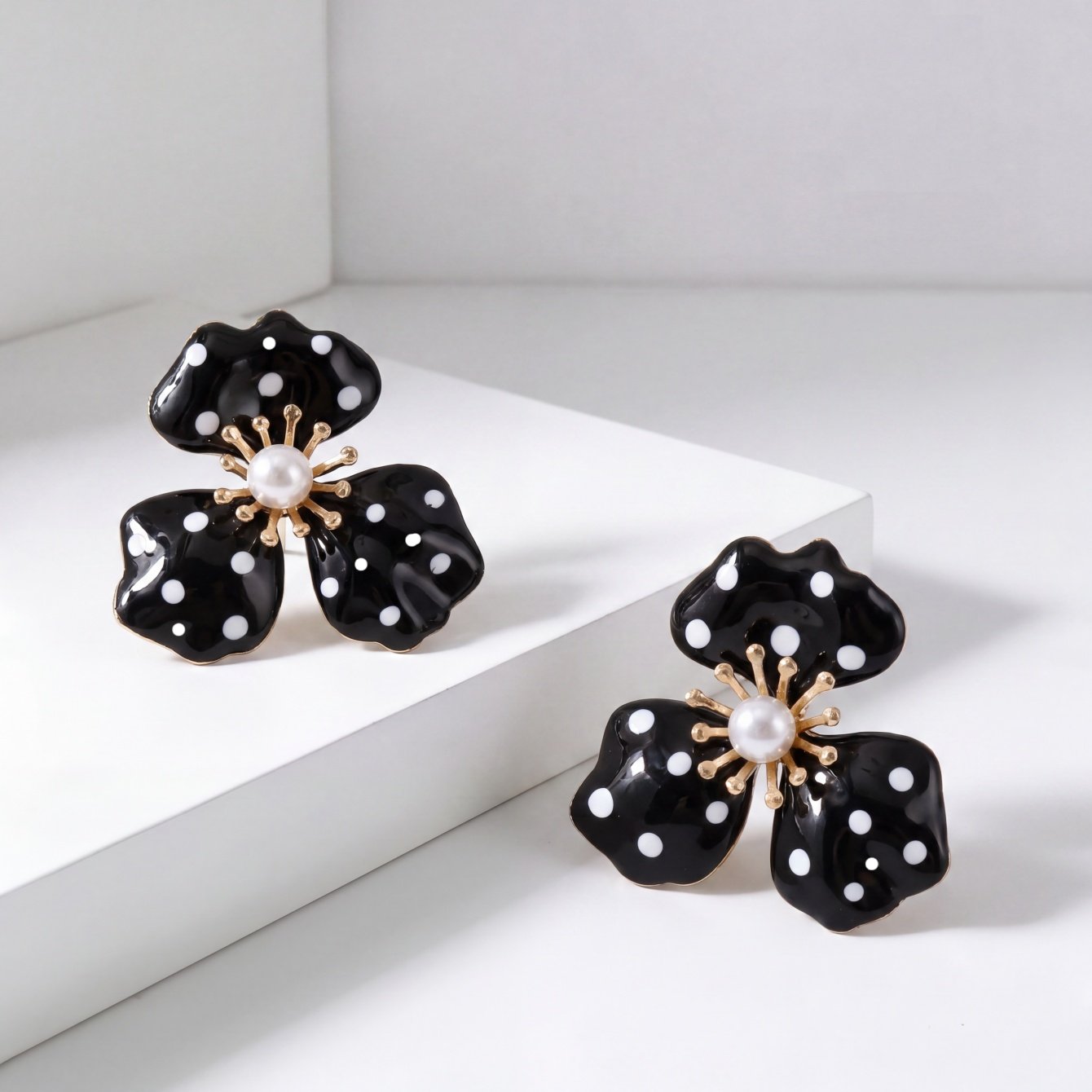 Polka Dot Flower Stud Earrings with Pearl Detail
