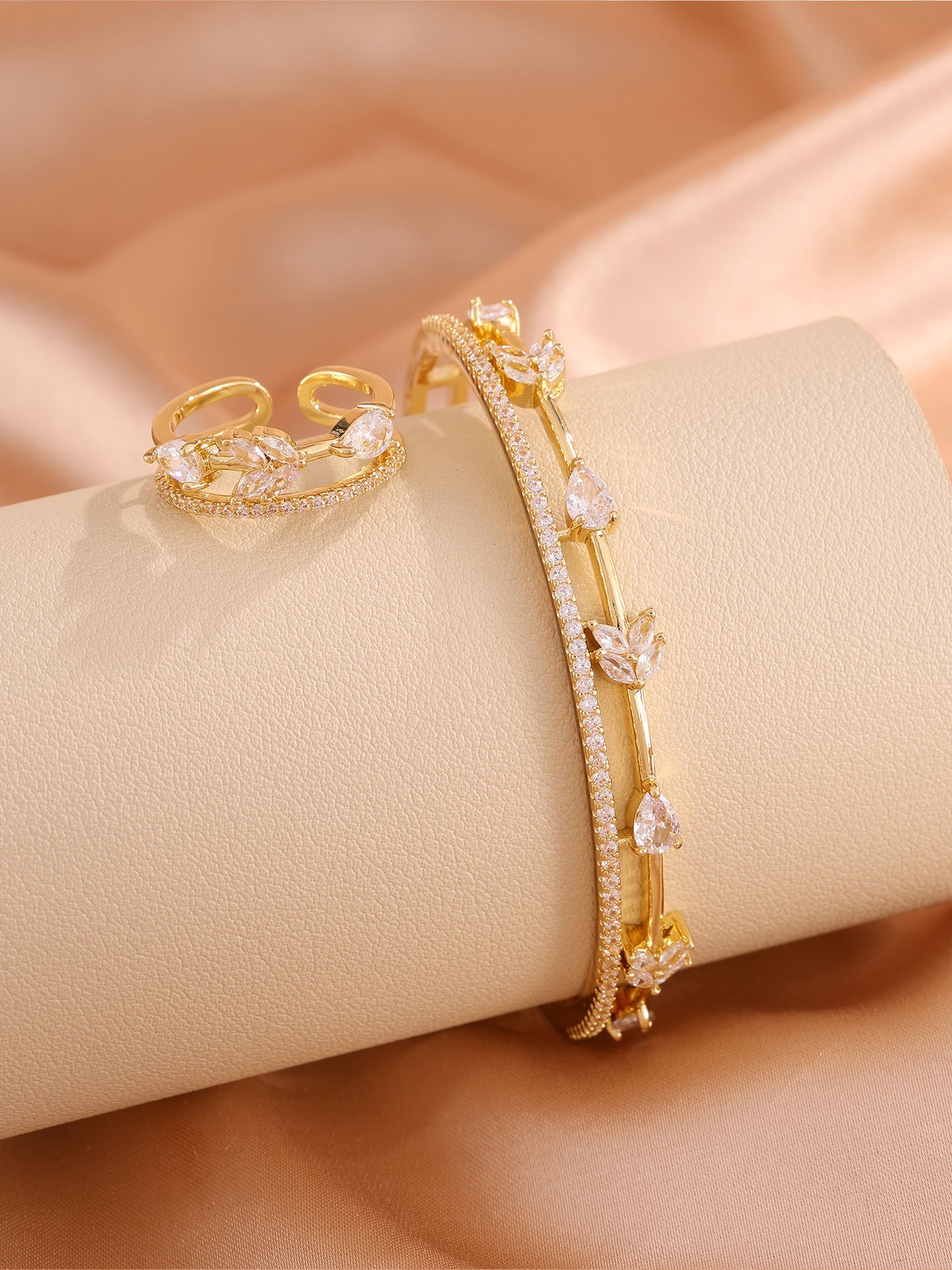 Gold Leaf and Zircon Cuff Bracelet and Ring Set
