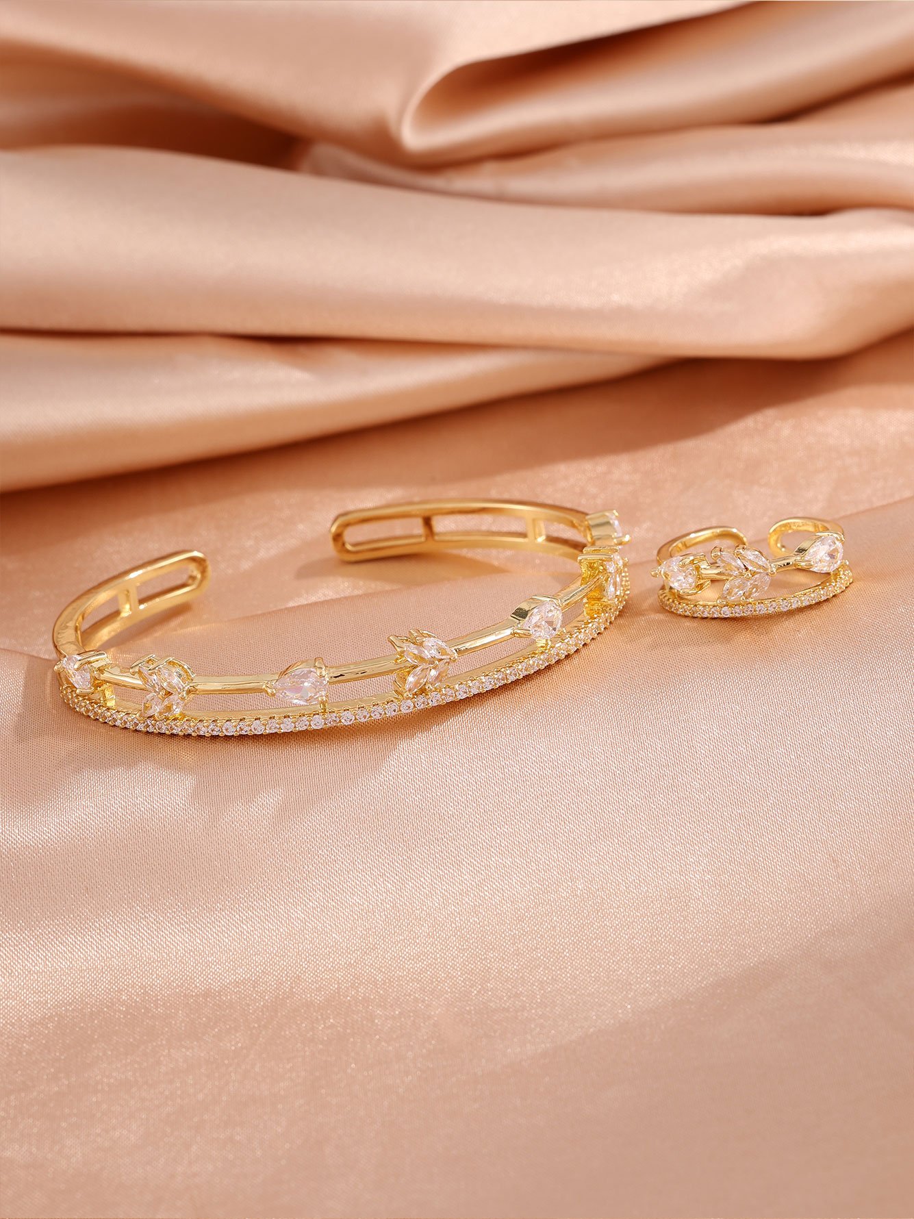 Gold Leaf and Zircon Cuff Bracelet and Ring Set