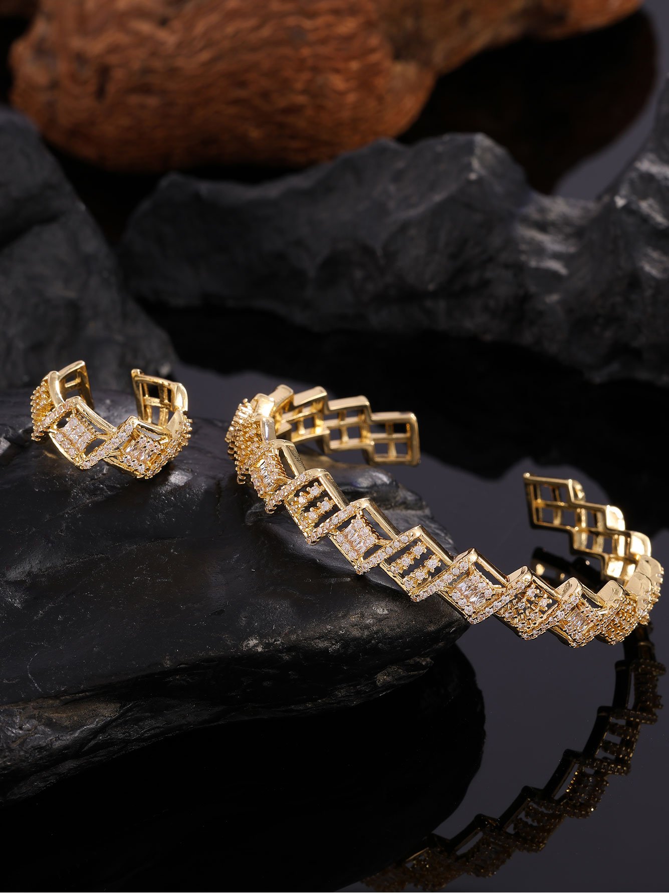 Gold Plated Geometric Cuff Bracelet and Ring Set