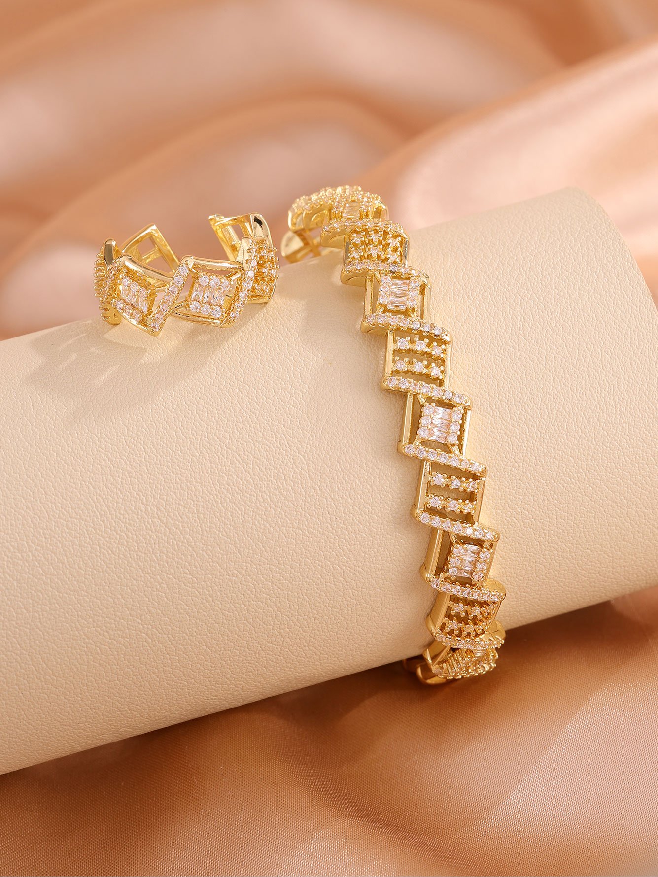 Gold Plated Geometric Cuff Bracelet and Ring Set