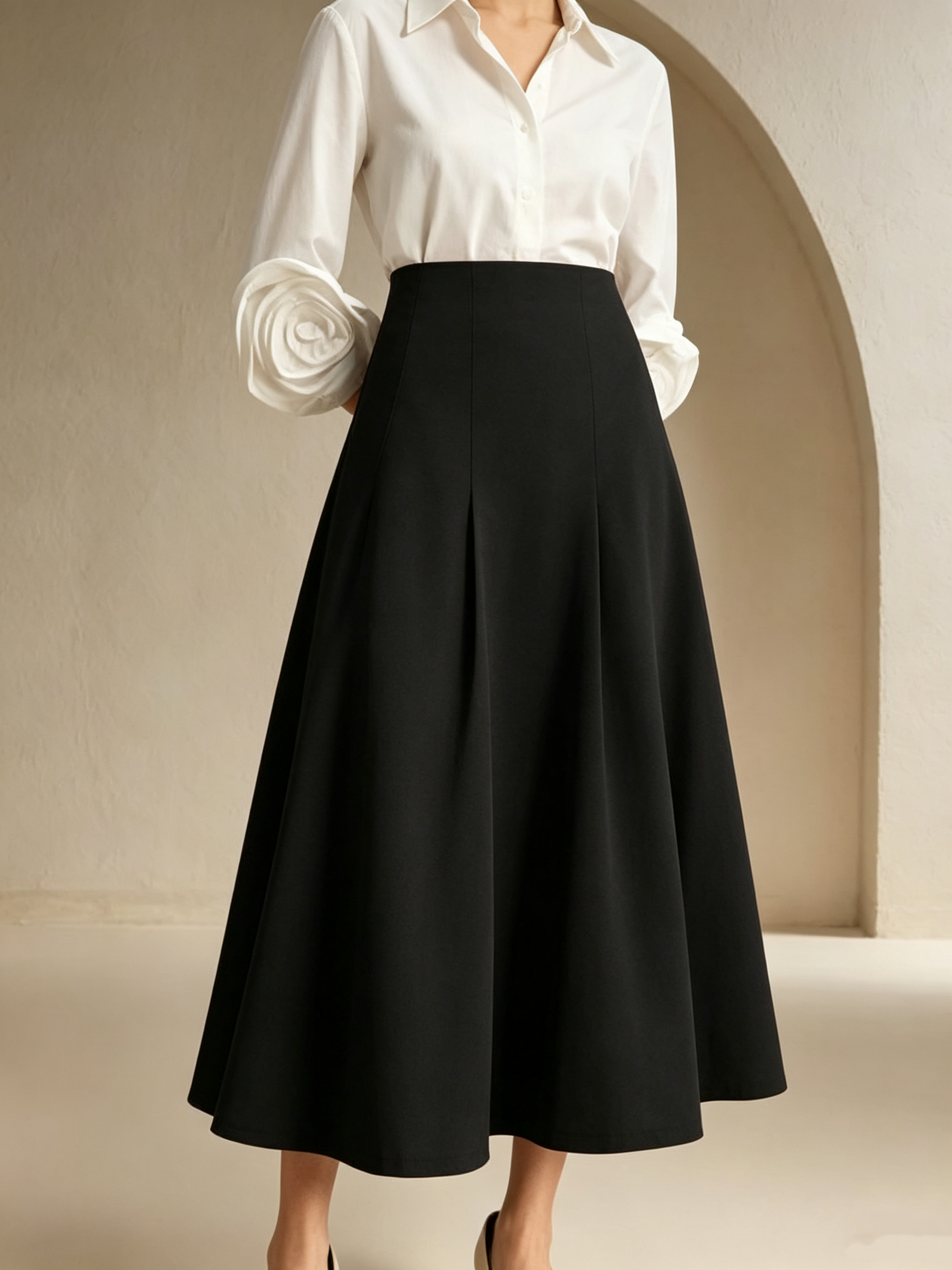 Black Solid A-Line Maxi Skirt