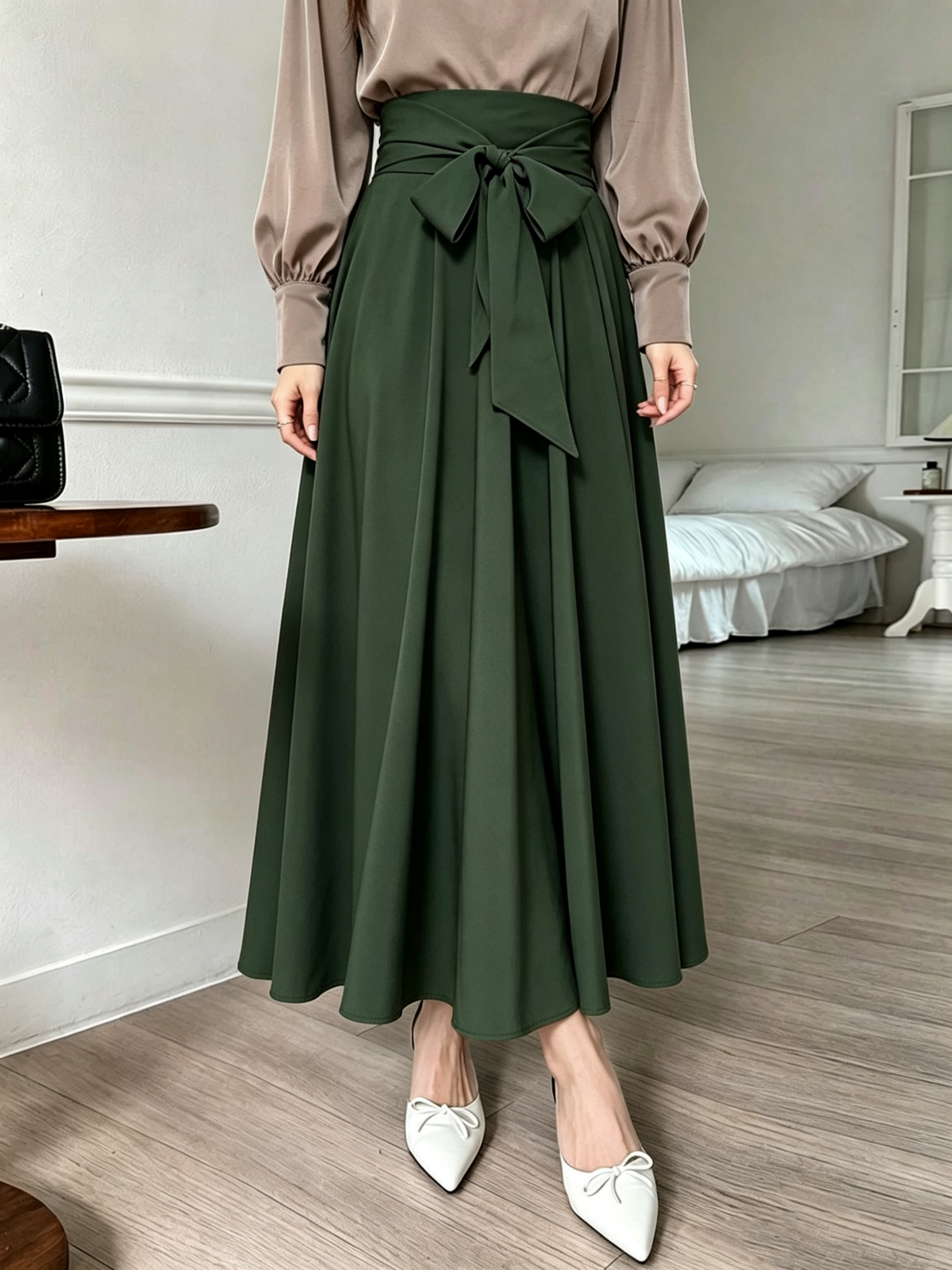 Green Solid A-Line Maxi Skirt