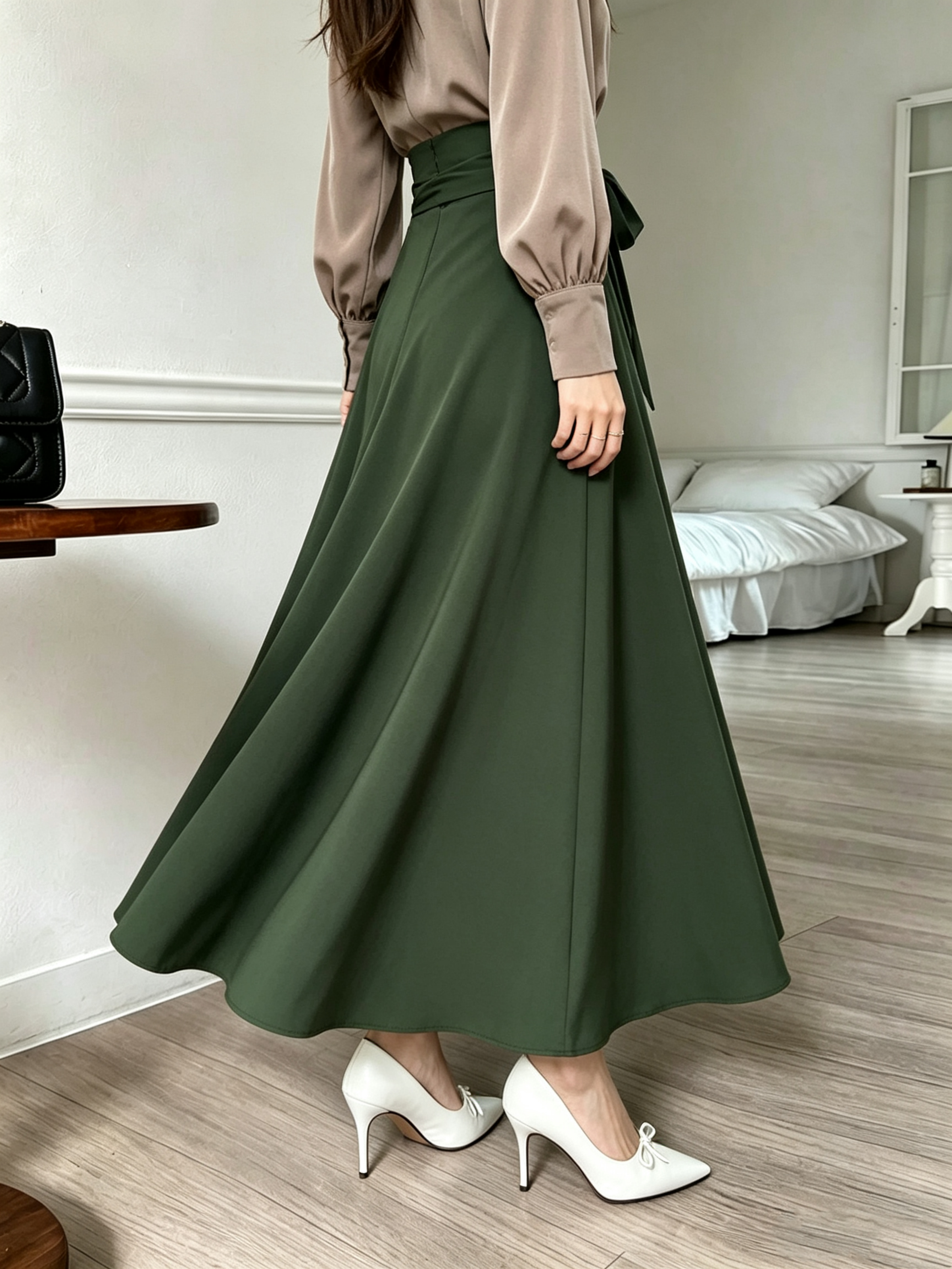 Green Solid A-Line Maxi Skirt