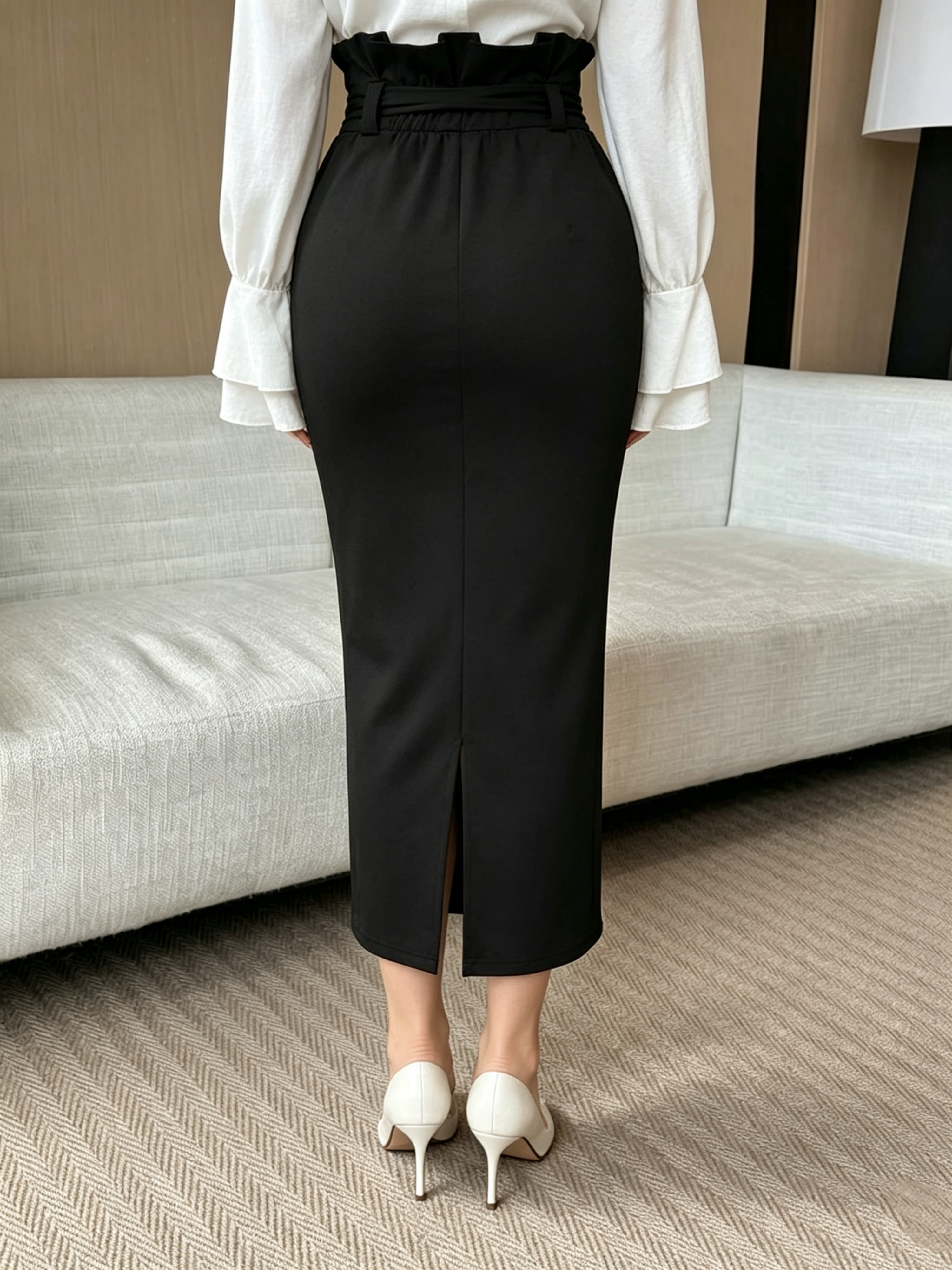 Black Solid Bodycon Midi Skirt