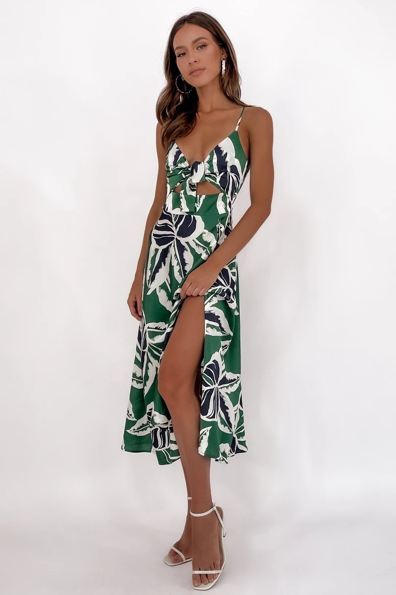 Tropical Leaf Print Midi Dress with Cut-Out Detail