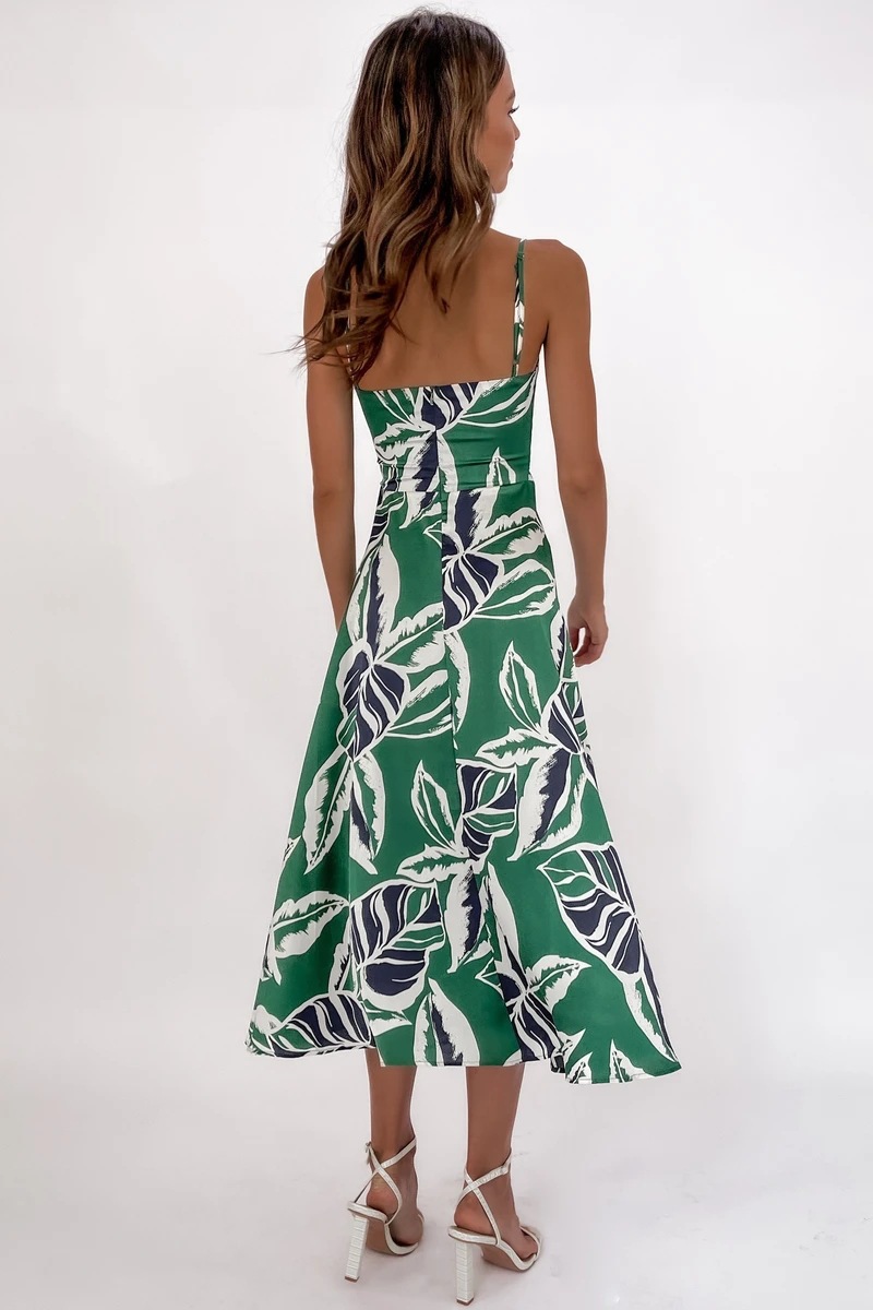 Tropical Leaf Print Midi Dress with Cut-Out Detail