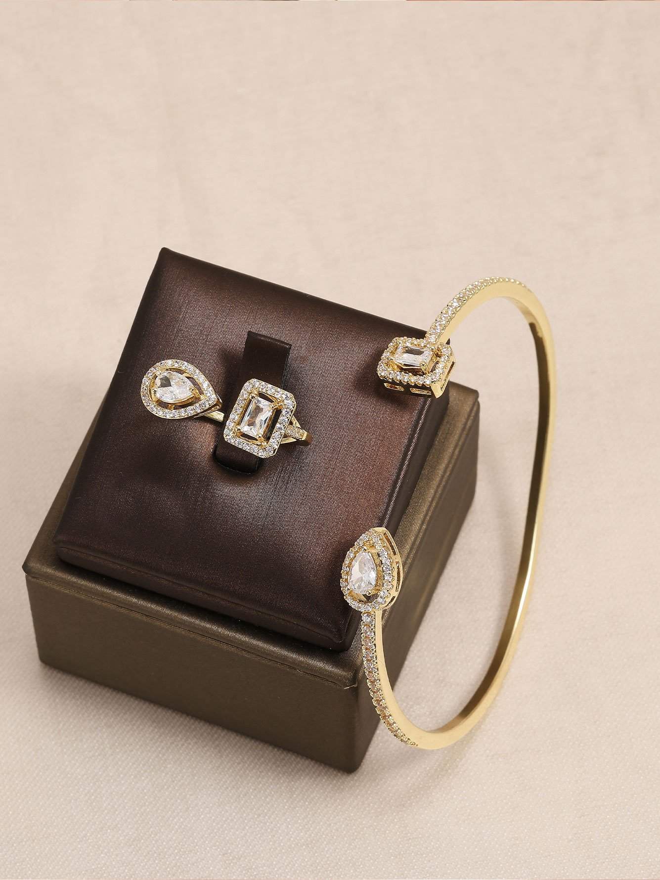 Gold Cuff Bracelet and Ring Set with Zirconia